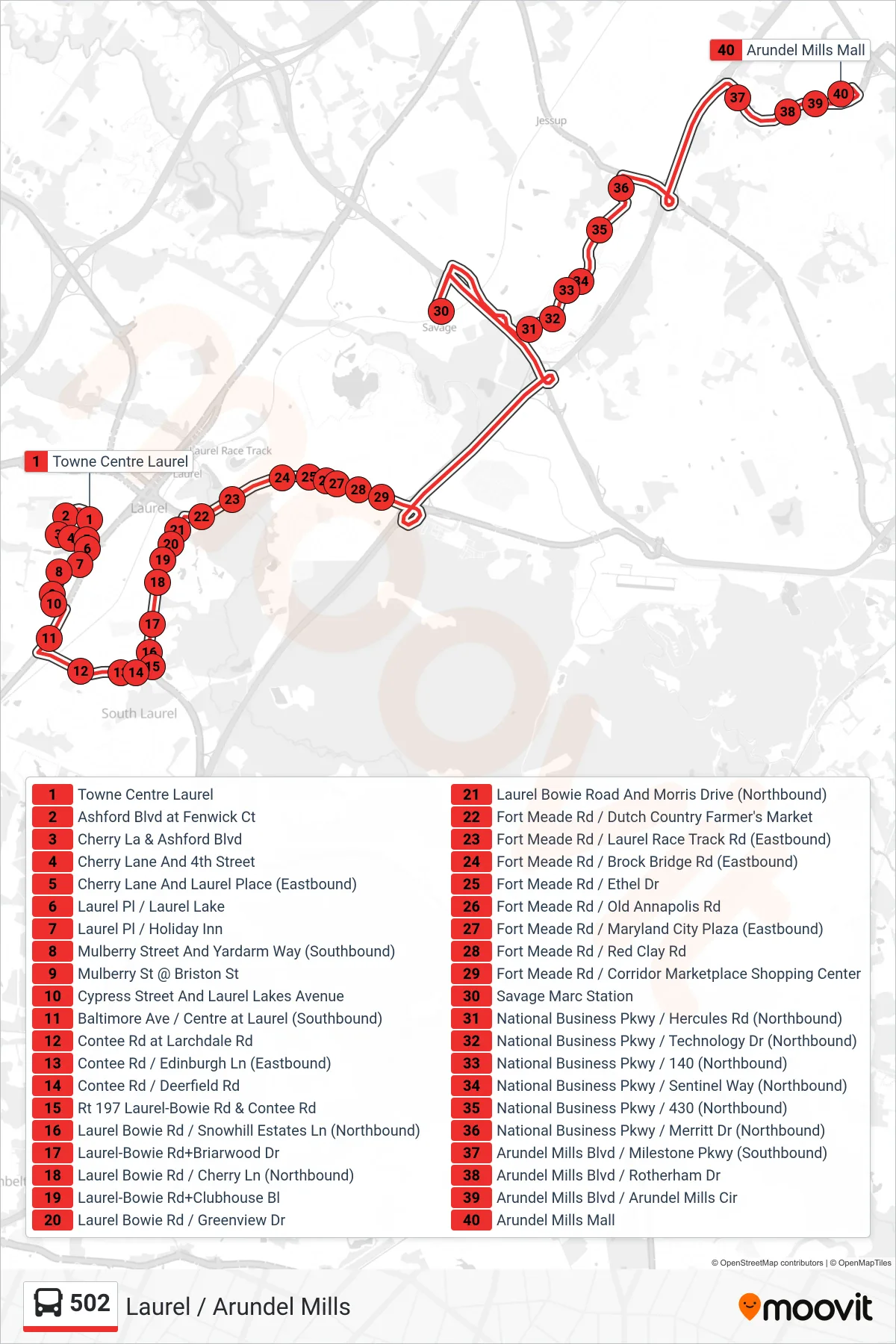 502 bus Line (Arundel Mills) route and stops on a map