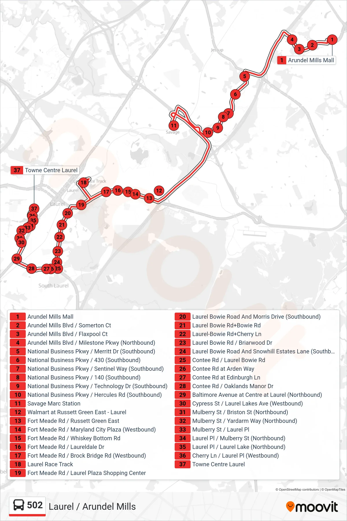 502 bus Line (Towne Centre Laurel) route and stops on a map