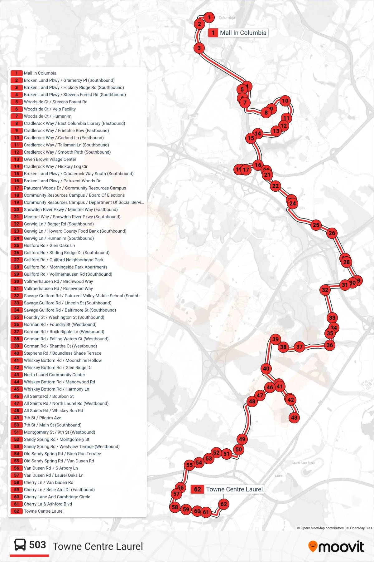 503 bus Line (Towne Centre Laurel) route and stops on a map