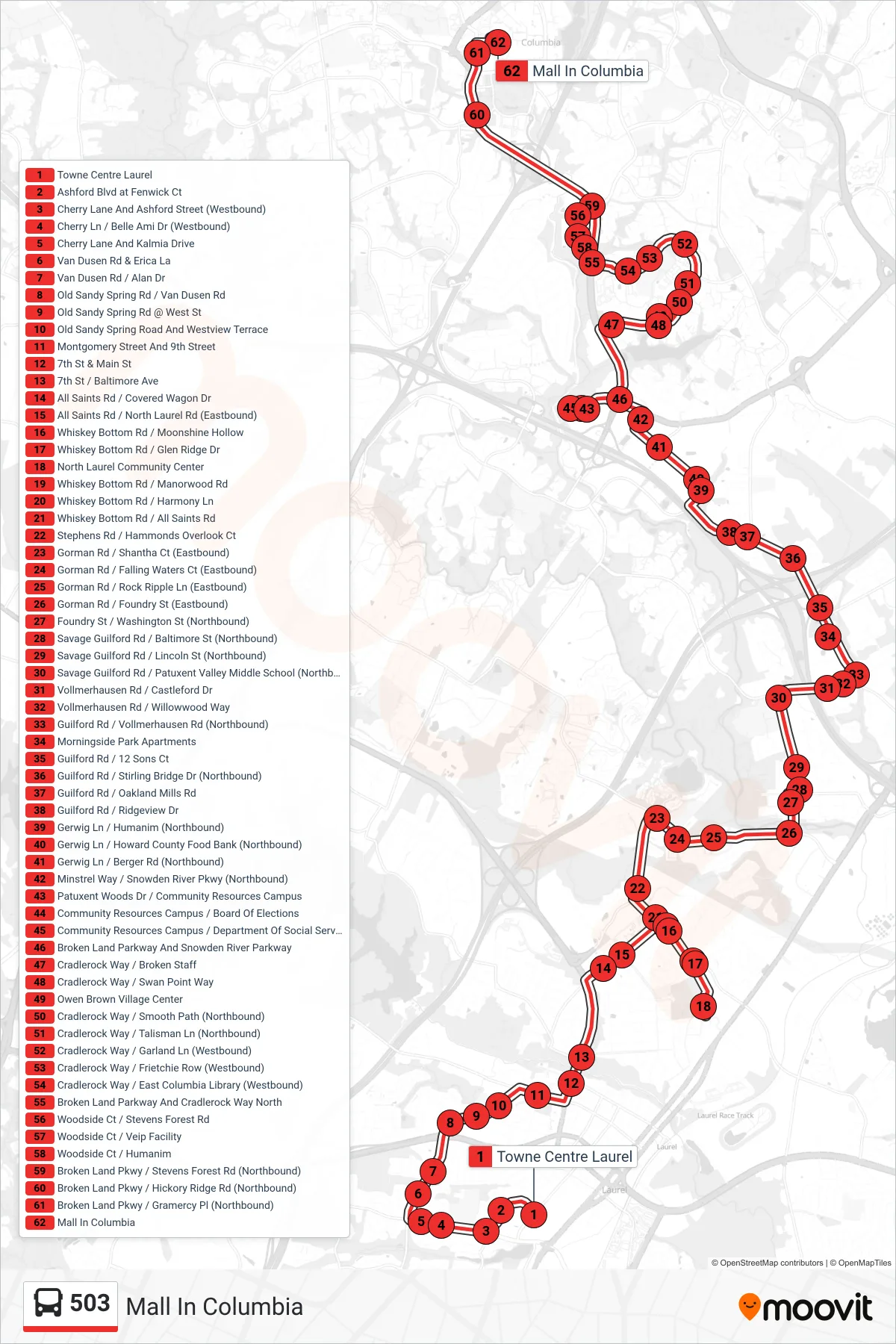 503 bus Line (Mall In Columbia) route and stops on a map