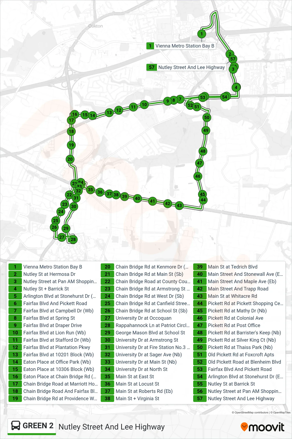 GREEN 2 bus Line (Nutley Street And Lee Highway) route and stops on a map