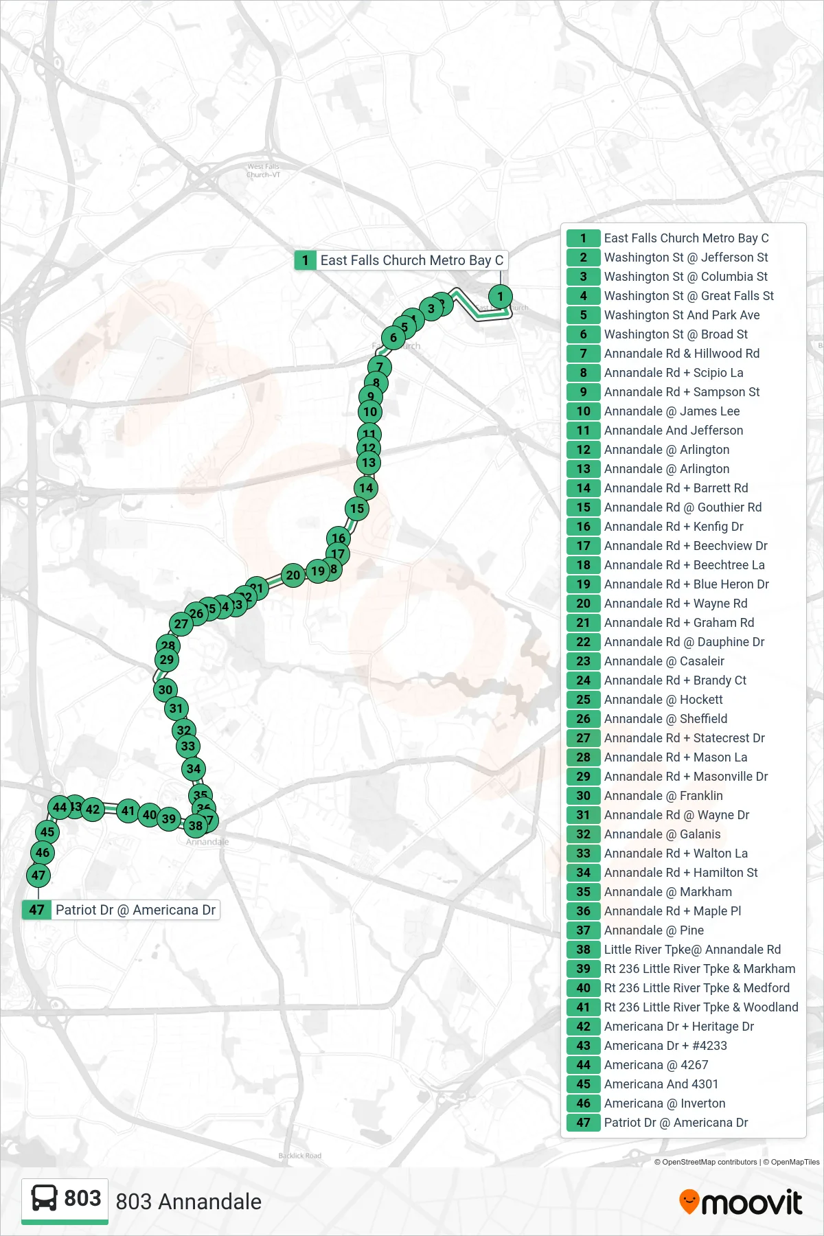 803 bus Line (803 Annandale) route and stops on a map