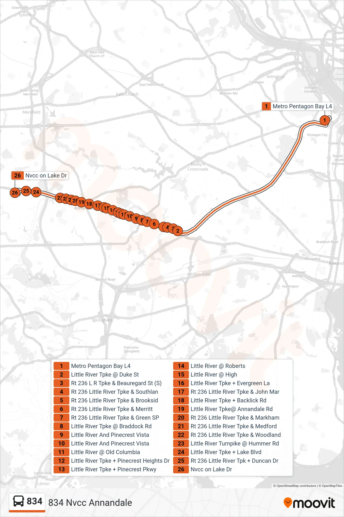 834 bus Line (834 Nvcc Annandale) route and stops on a map