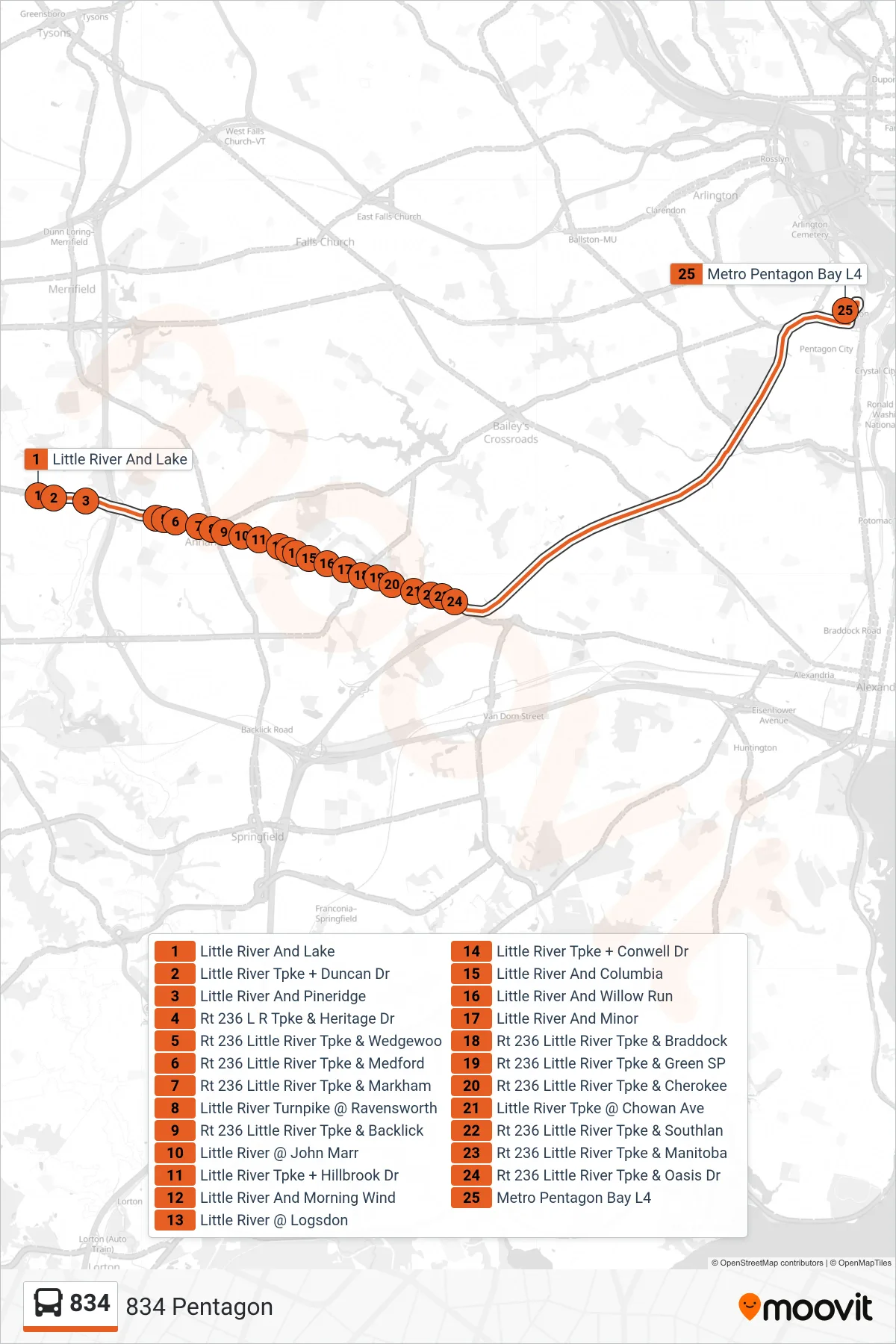 834 bus Line (834 Pentagon) route and stops on a map