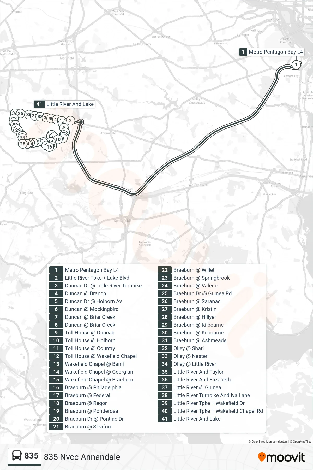 835 bus Line (835 Nvcc Annandale) route and stops on a map