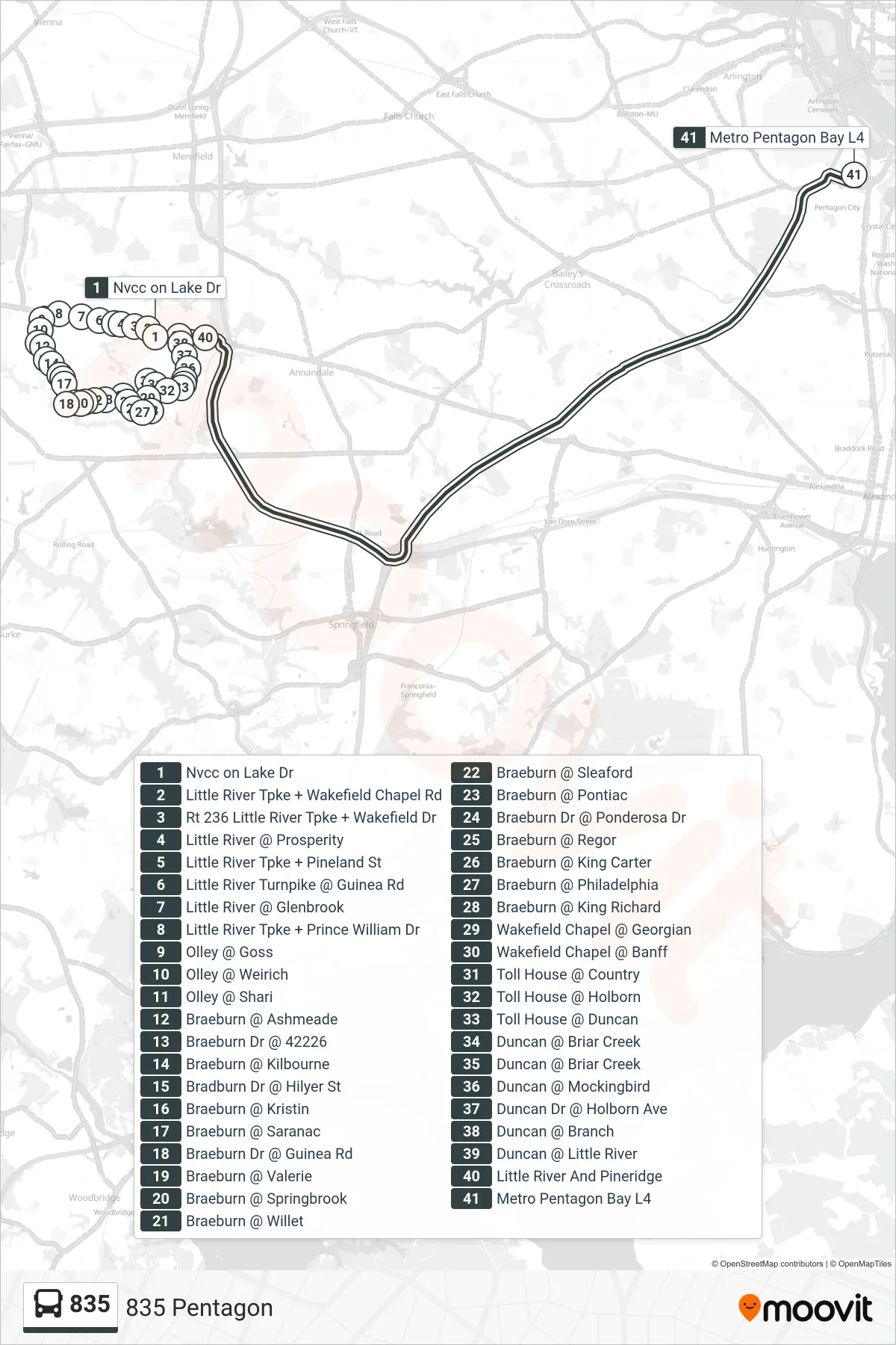 835 bus Line (835 Pentagon) route and stops on a map