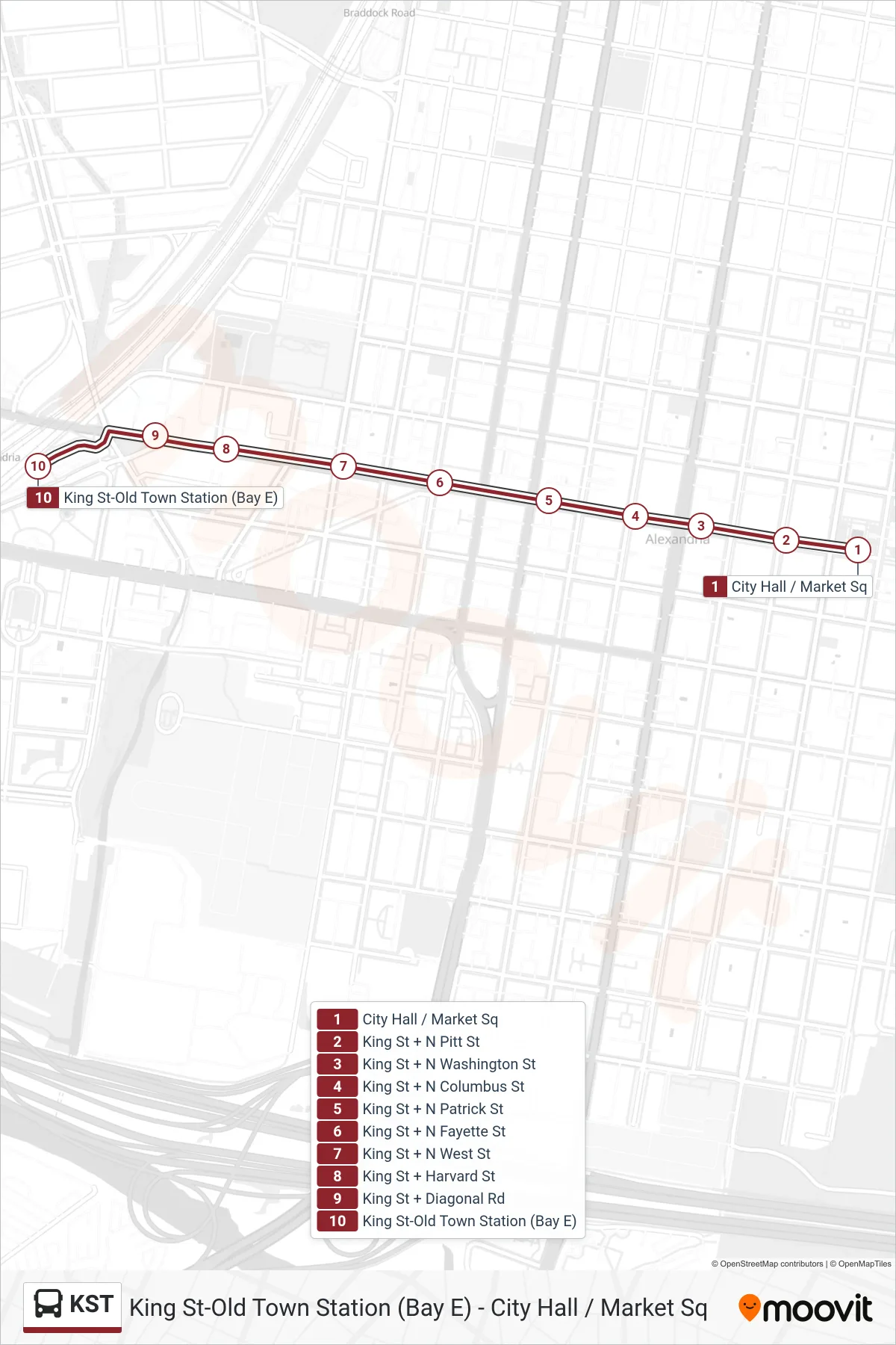 KST bus Line (King St-Old Town Station) route and stops on a map
