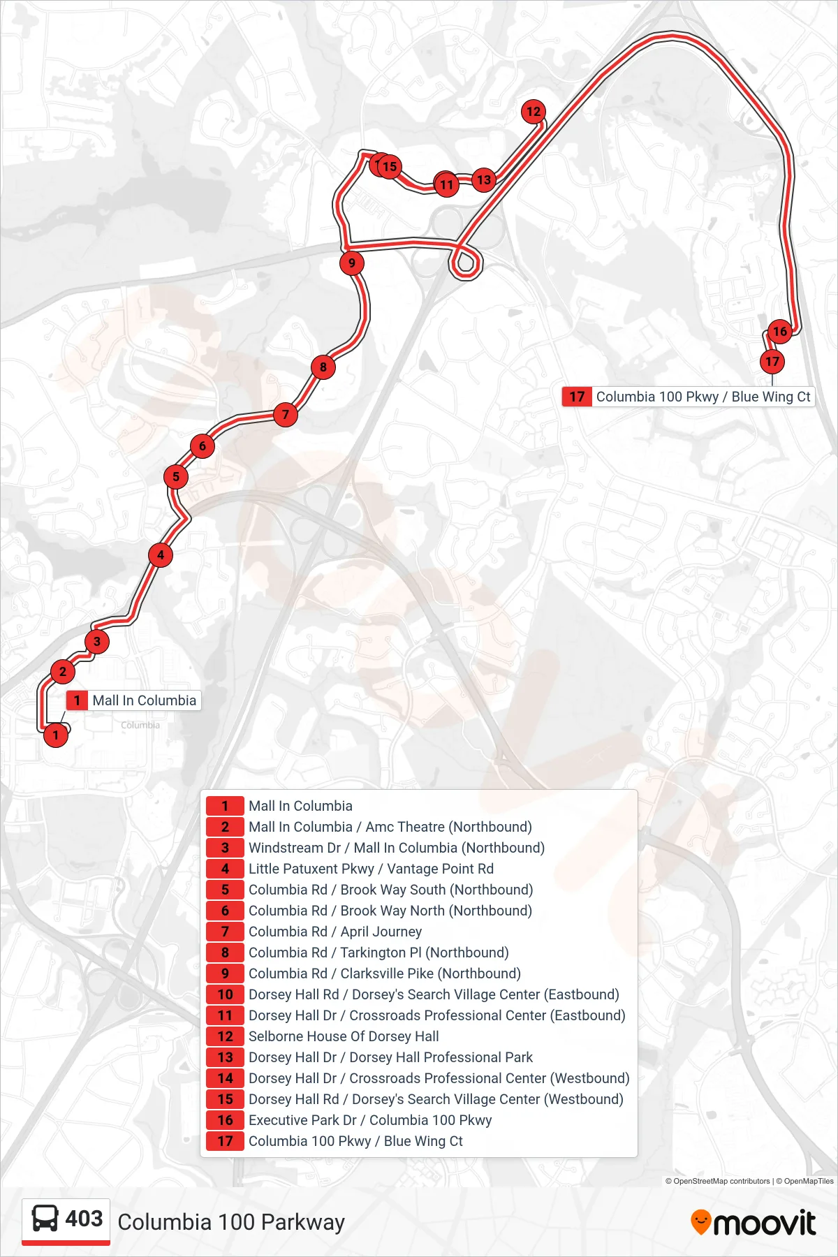 403 bus Line (Columbia 100 Parkway) route and stops on a map