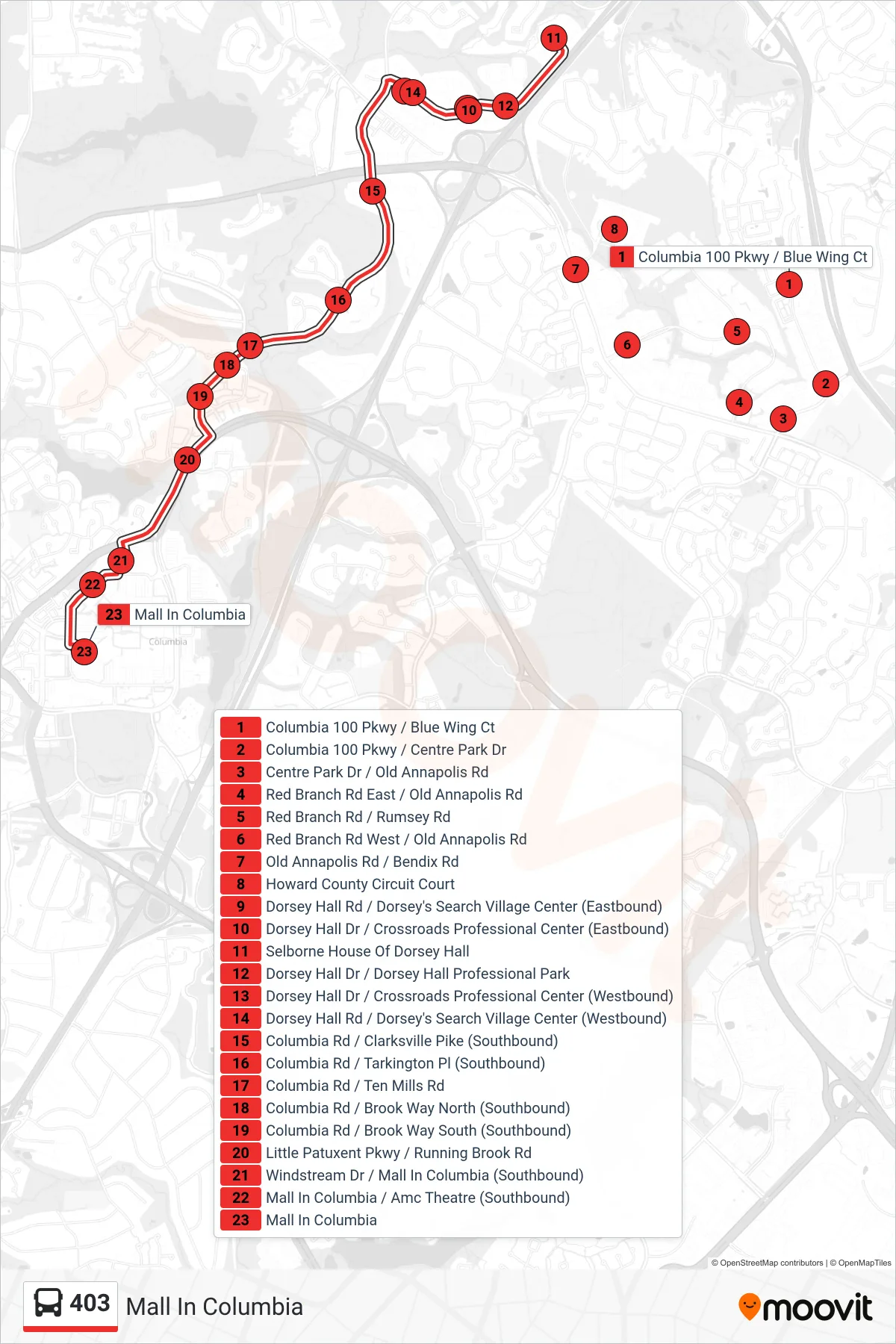 403 bus Line (Mall In Columbia) route and stops on a map