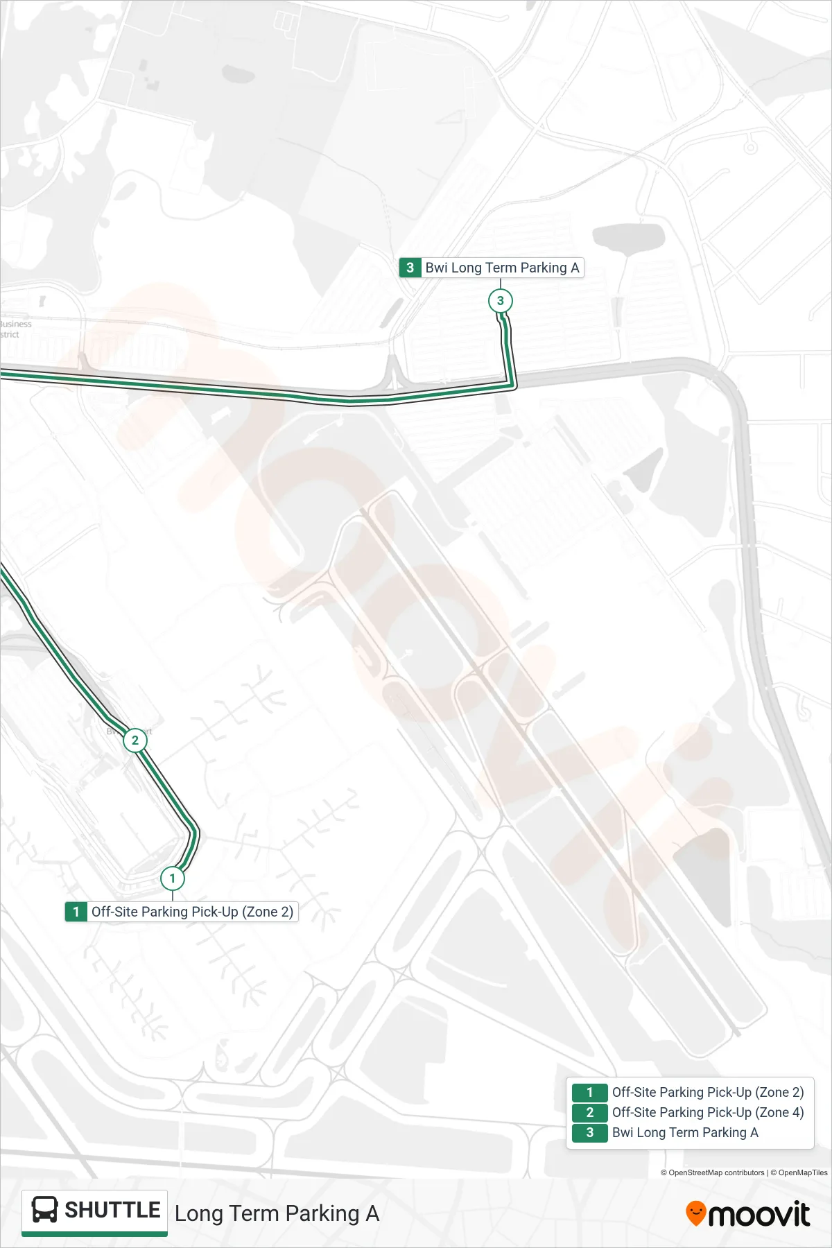 SHUTTLE bus Line (Long Term Parking A) route and stops on a map