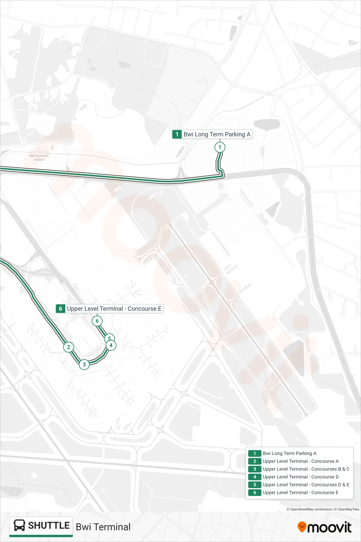 SHUTTLE bus Line (Bwi Terminal) route and stops on a map