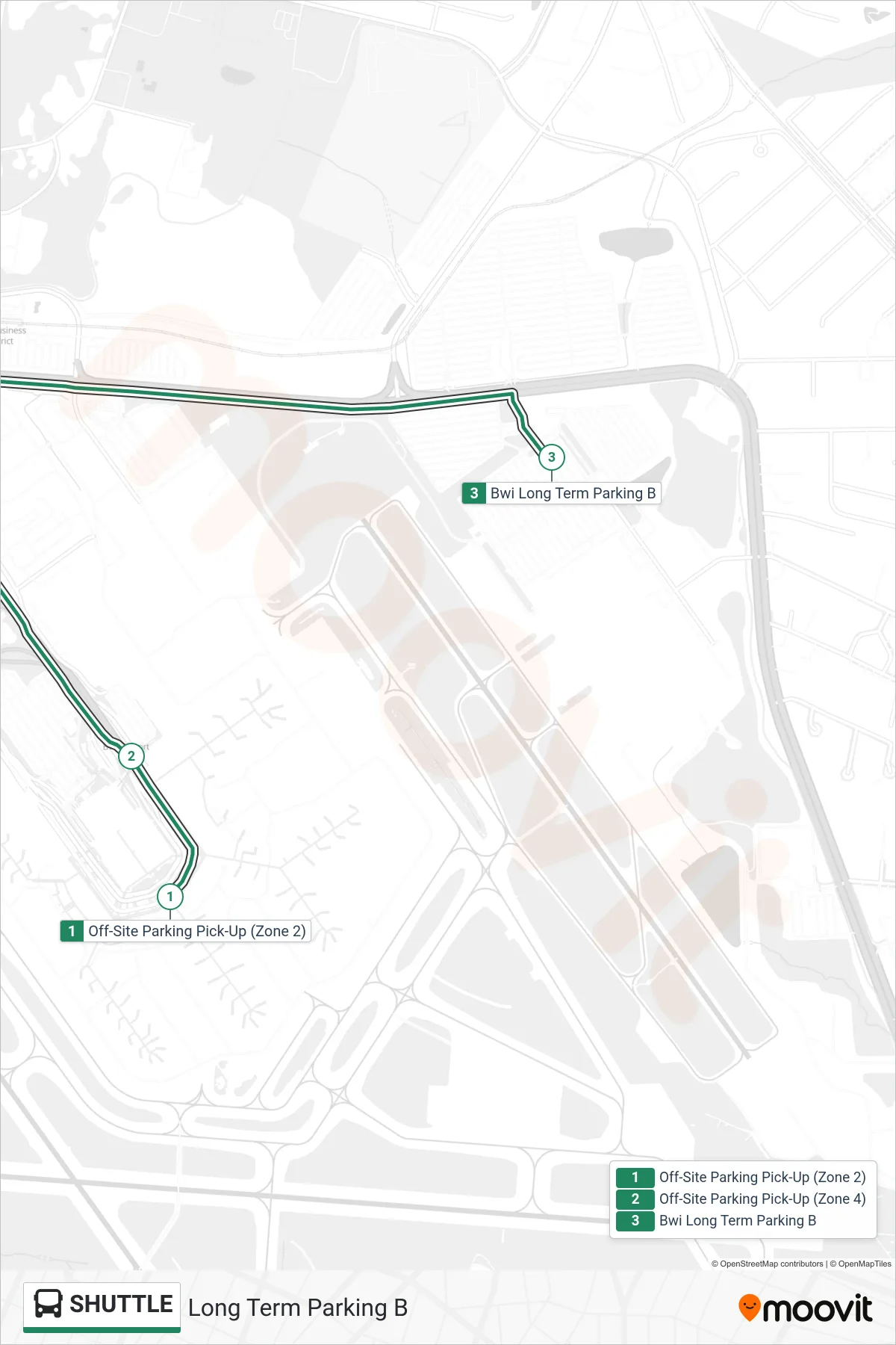 SHUTTLE bus Line (Long Term Parking B) route and stops on a map
