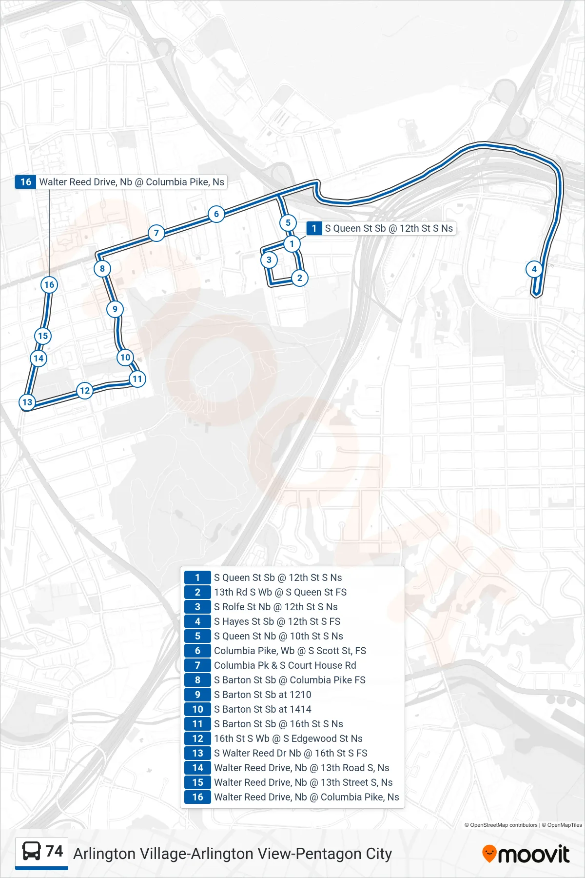 74 bus Line (Hayes @ 12th) route and stops on a map