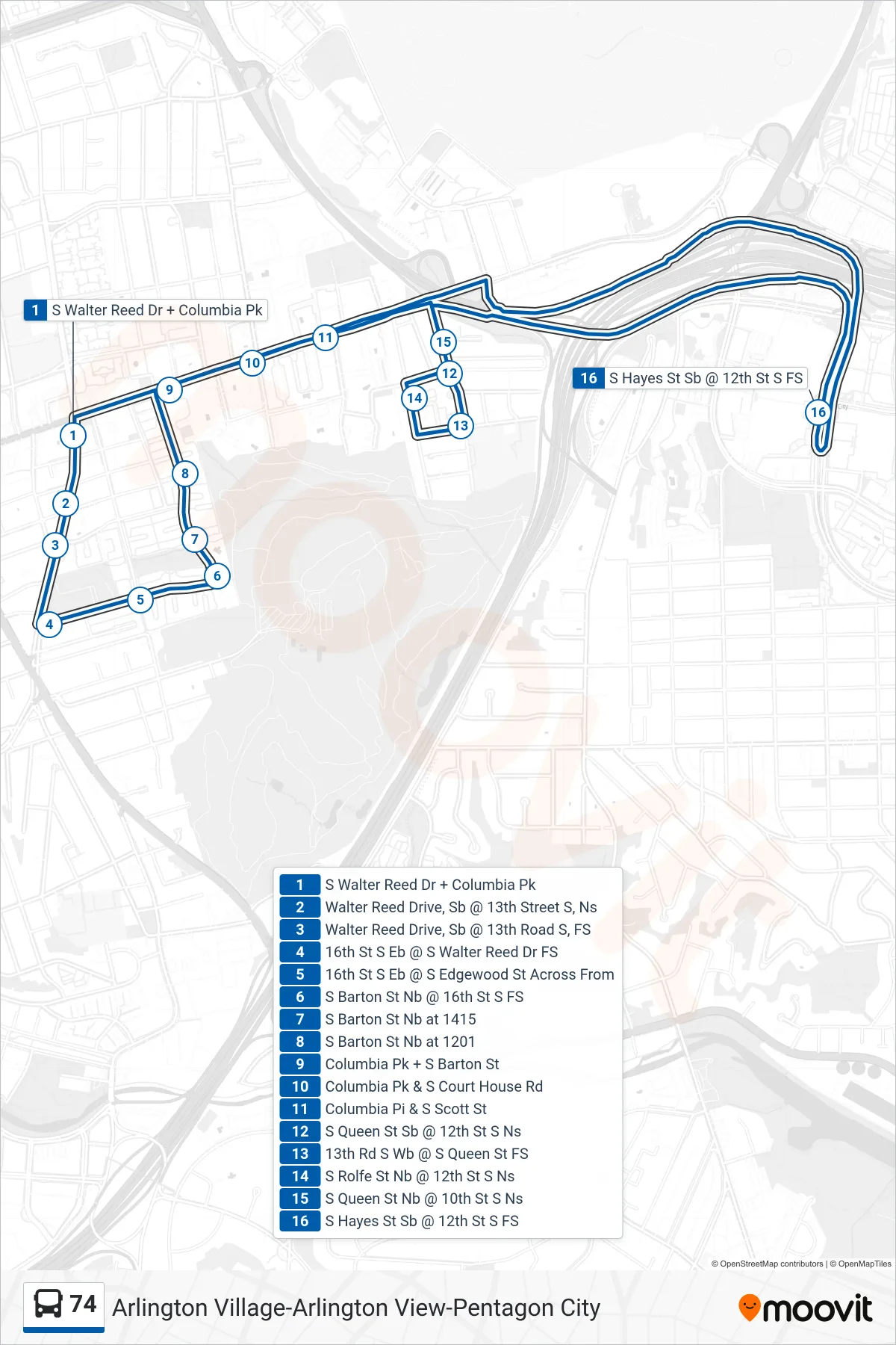 74 bus Line (Hayes @ 12th) route and stops on a map