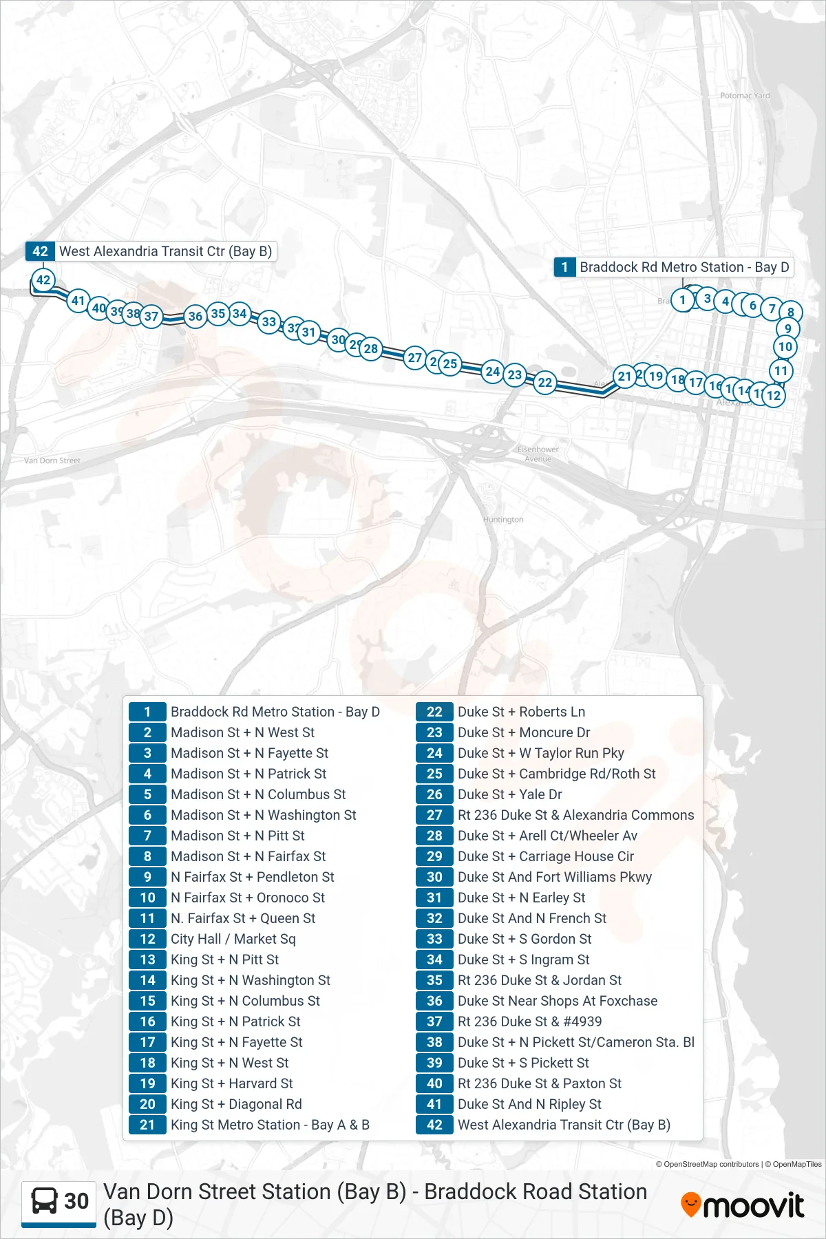 30 bus Line (West Alexandria Transit Center (Short Trip)) route and stops on a map