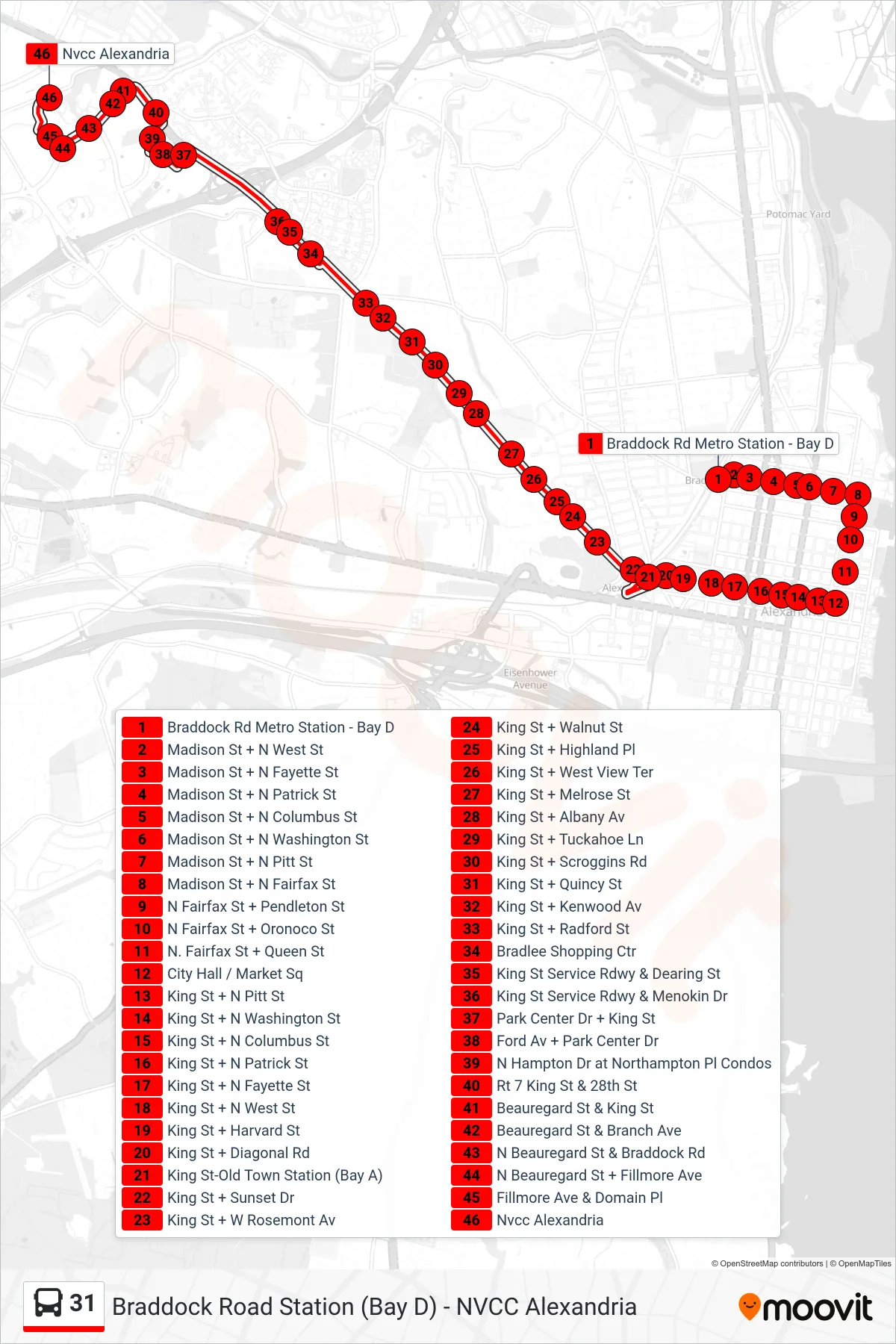 31 bus Line (Nvcc Alexandria) route and stops on a map