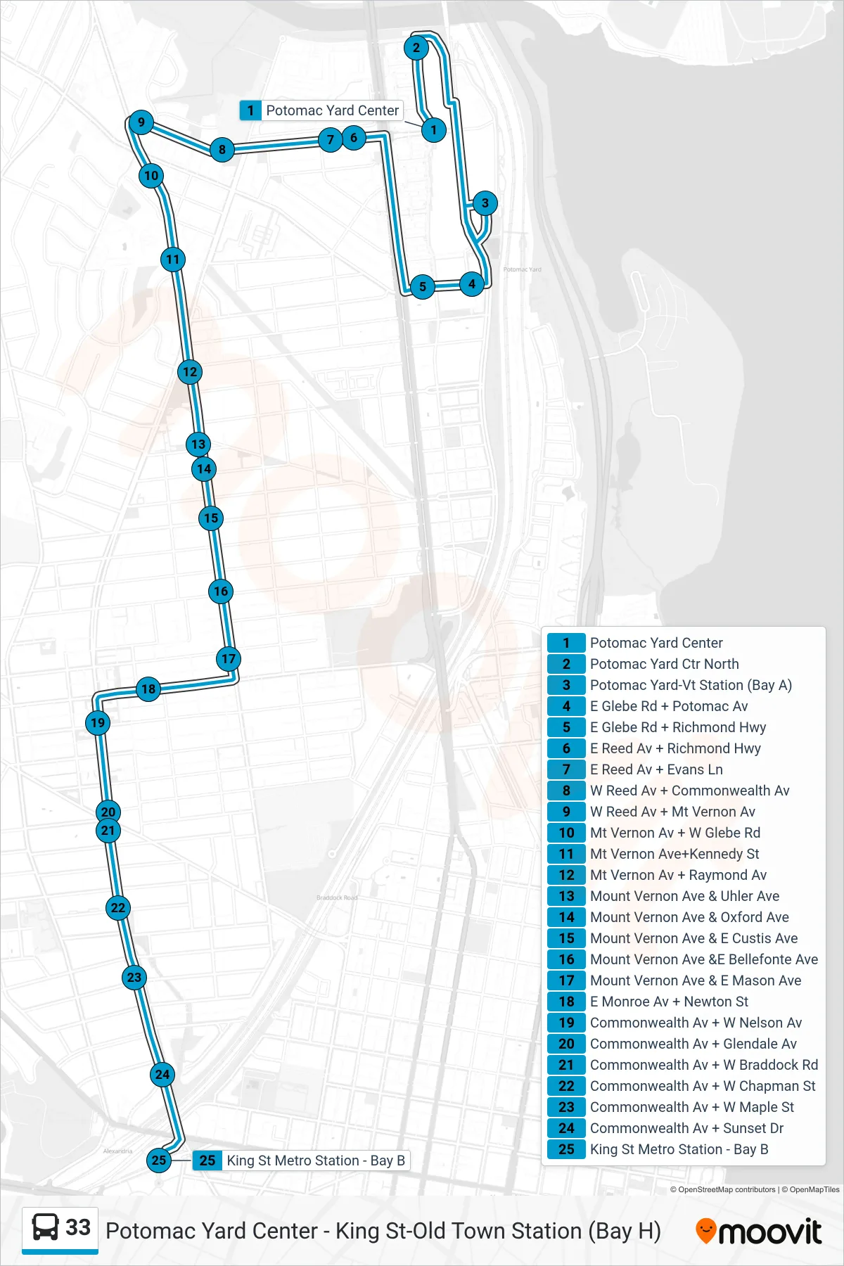 33 bus Line (King St-Old Town Station) route and stops on a map
