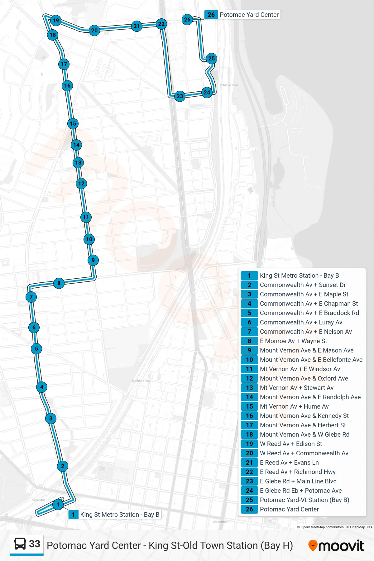 33 bus Line (Potomac Yard Center) route and stops on a map