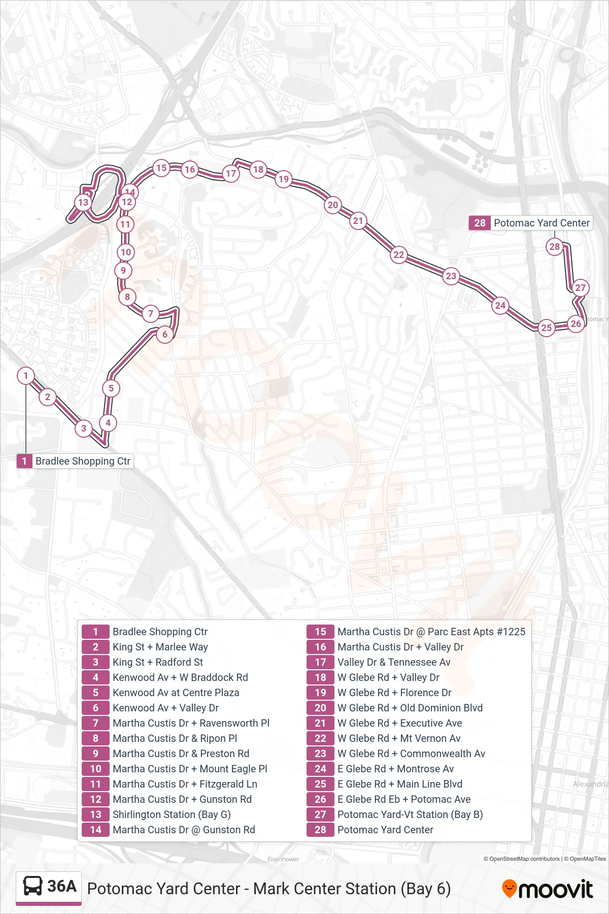 36A bus Line (Potomac Yard Ctr Via M. Custis Dr) route and stops on a map