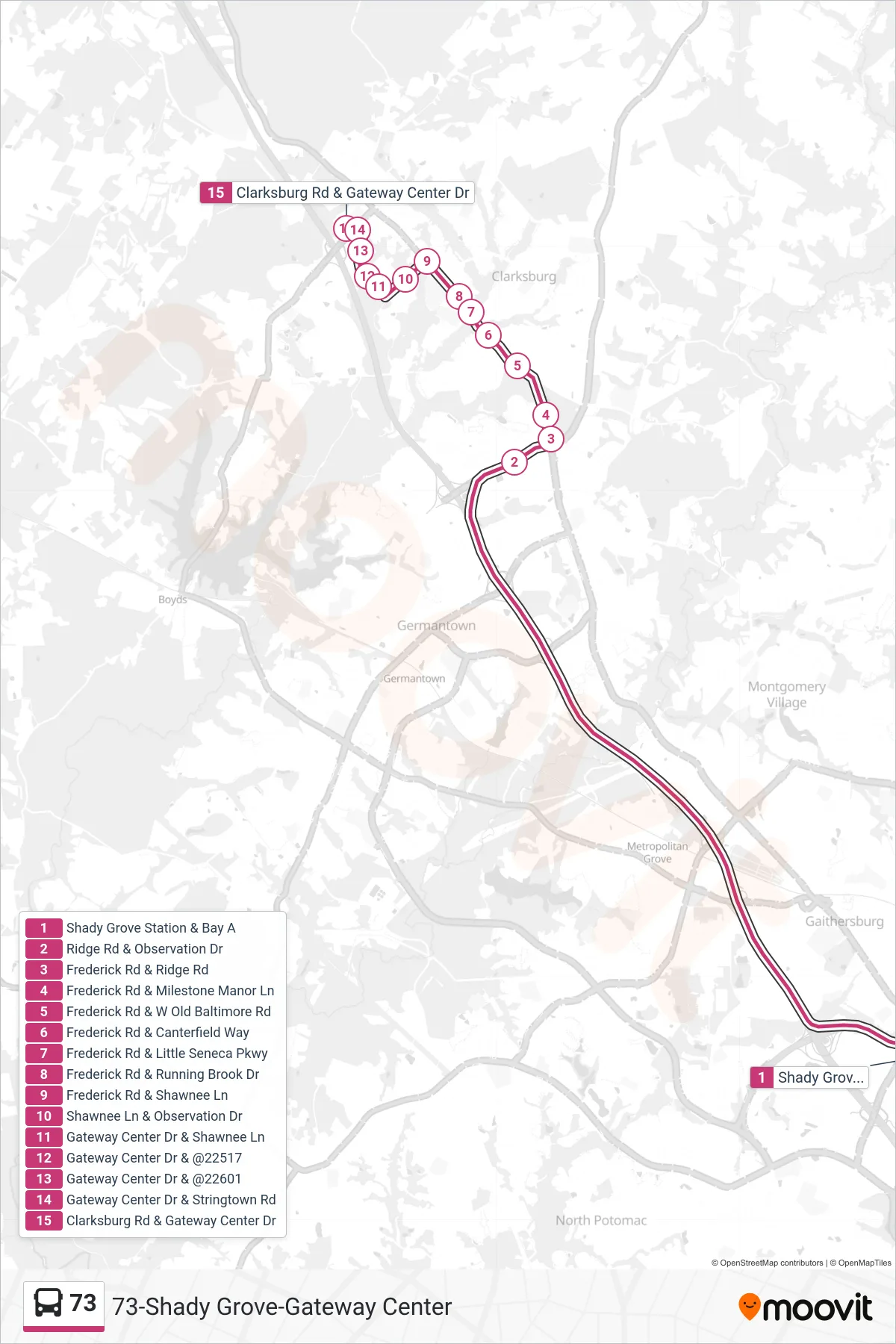 73 bus Line (Clarksburg Via Gateway) route and stops on a map