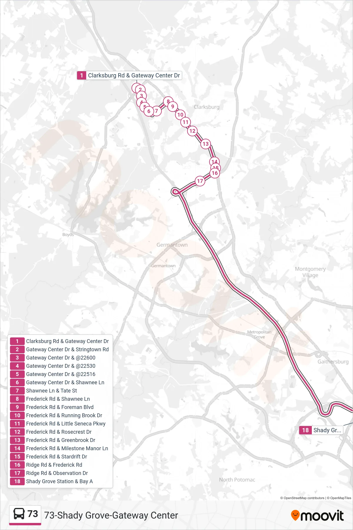 73 bus Line (Shady Grove Via Gateway) route and stops on a map