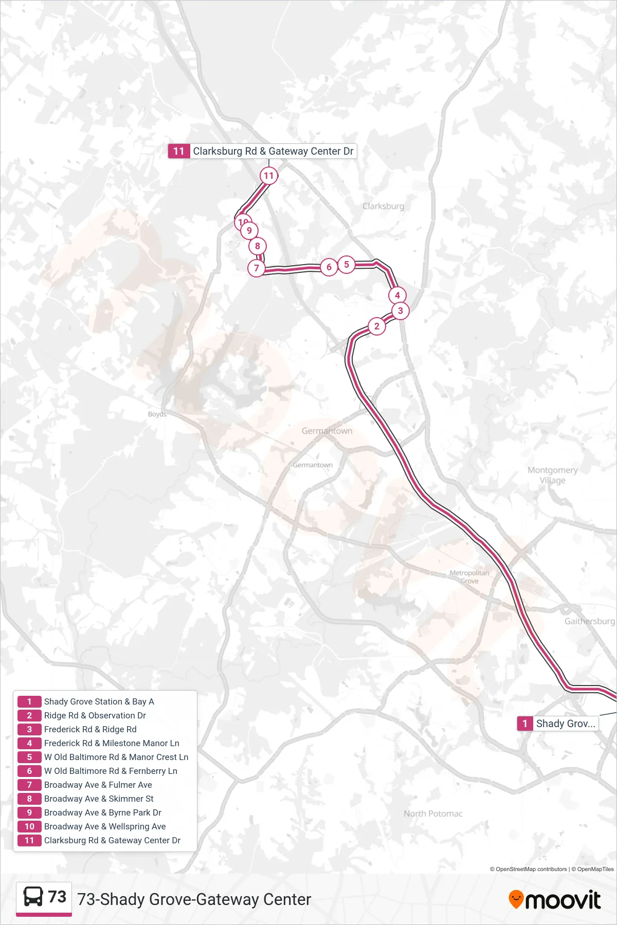 73 bus Line (Cabin Branch Via W Old Baltimore) route and stops on a map