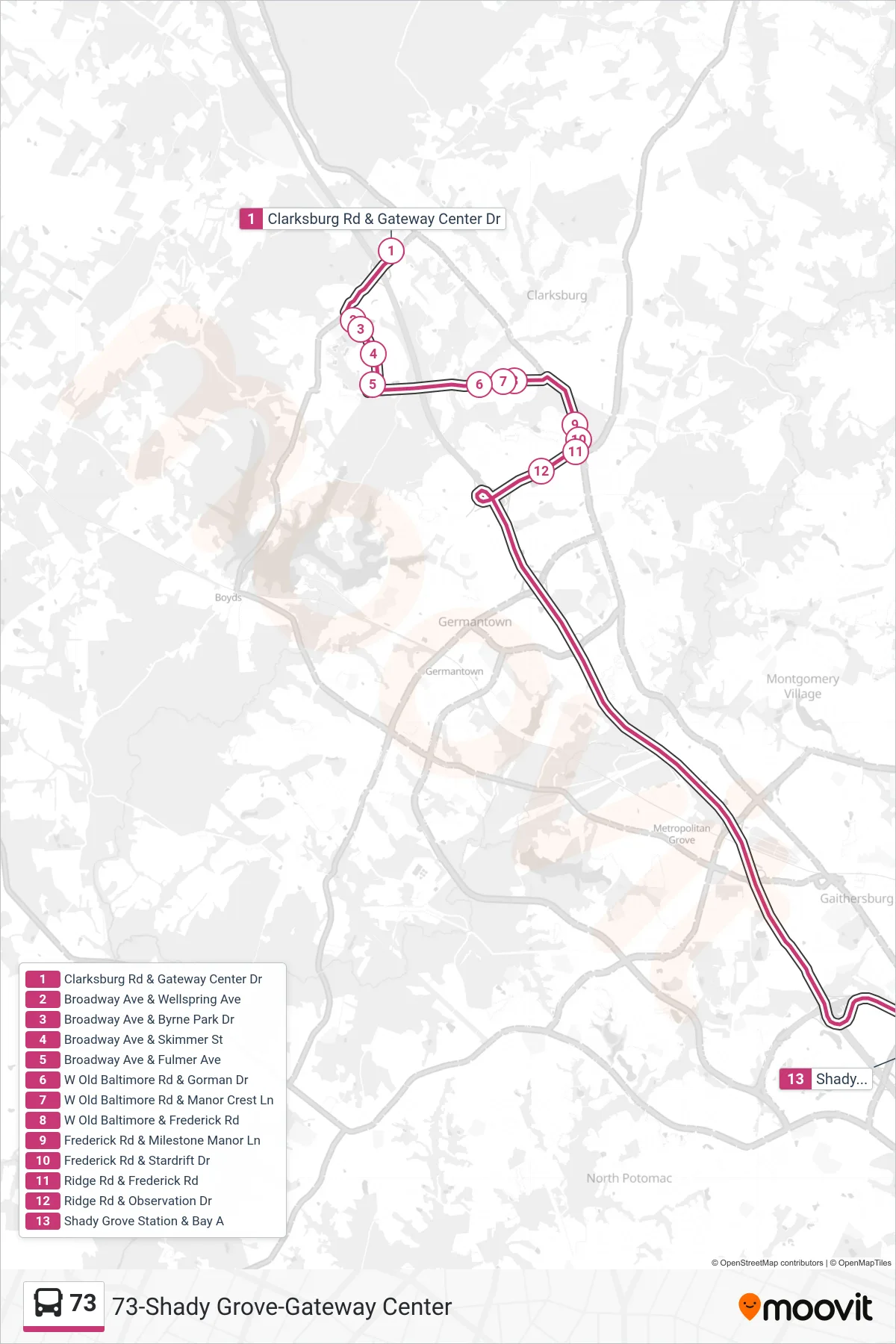 73 bus Line (Shady Grove Via W Old Baltimore) route and stops on a map