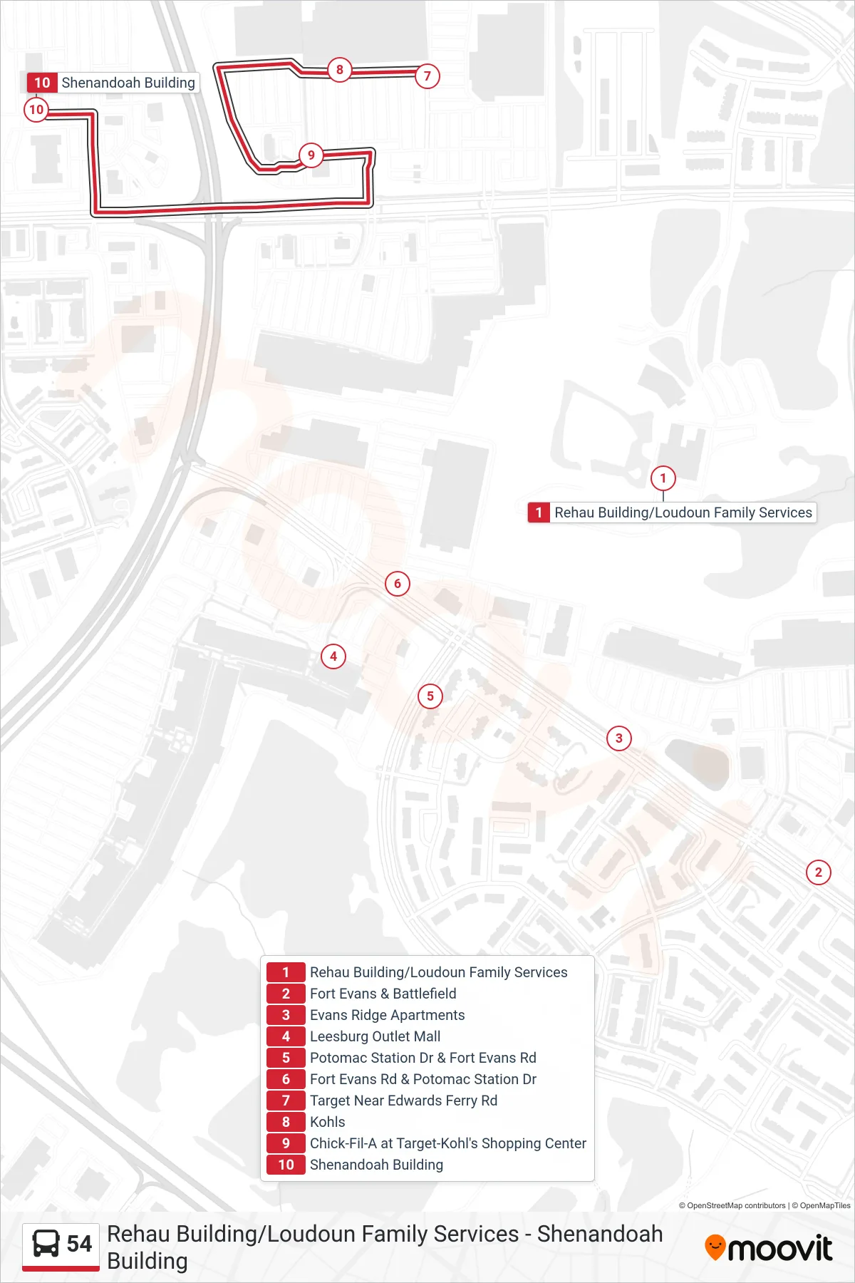 54 bus Line (Shenandoah Building) route and stops on a map