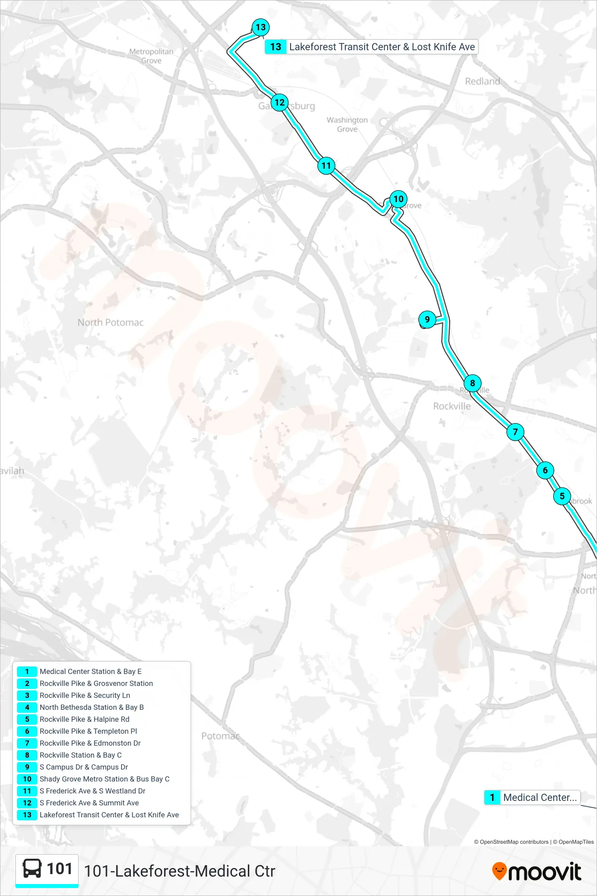 101 bus Line (Lakeforest) route and stops on a map