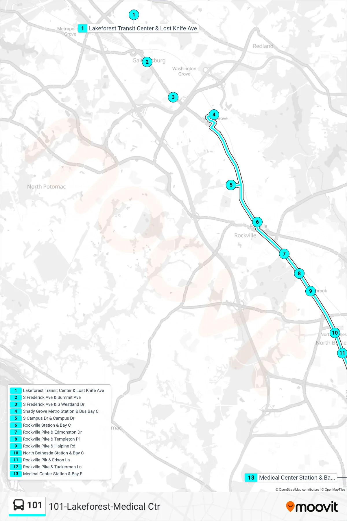 101 bus Line (Medical Center) route and stops on a map