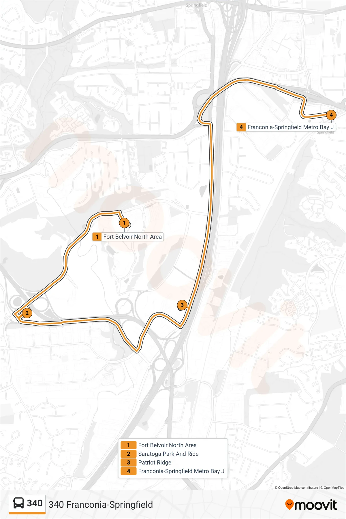 340 bus Line (340 Franconia-Springfield) route and stops on a map