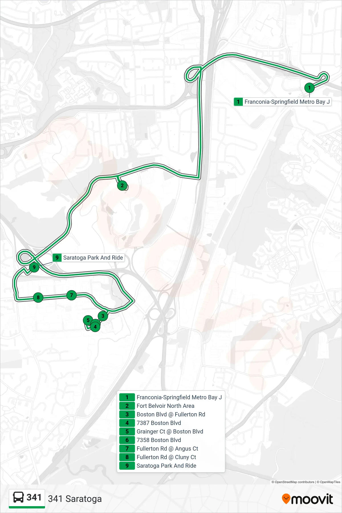 341 bus Line (341 Saratoga) route and stops on a map