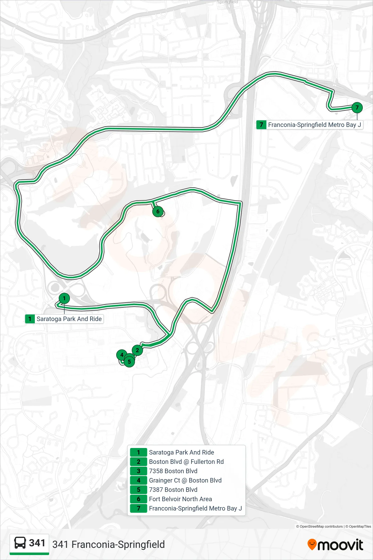 341 bus Line (341 Franconia-Springfield) route and stops on a map