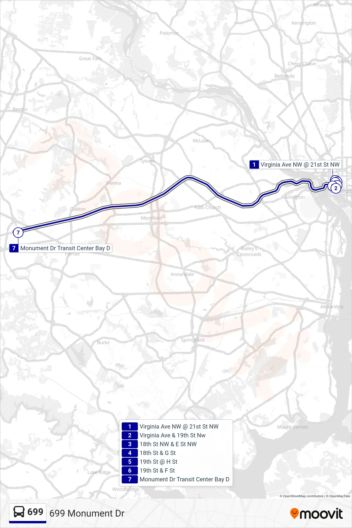 699 bus Line (699 Monument Dr) route and stops on a map
