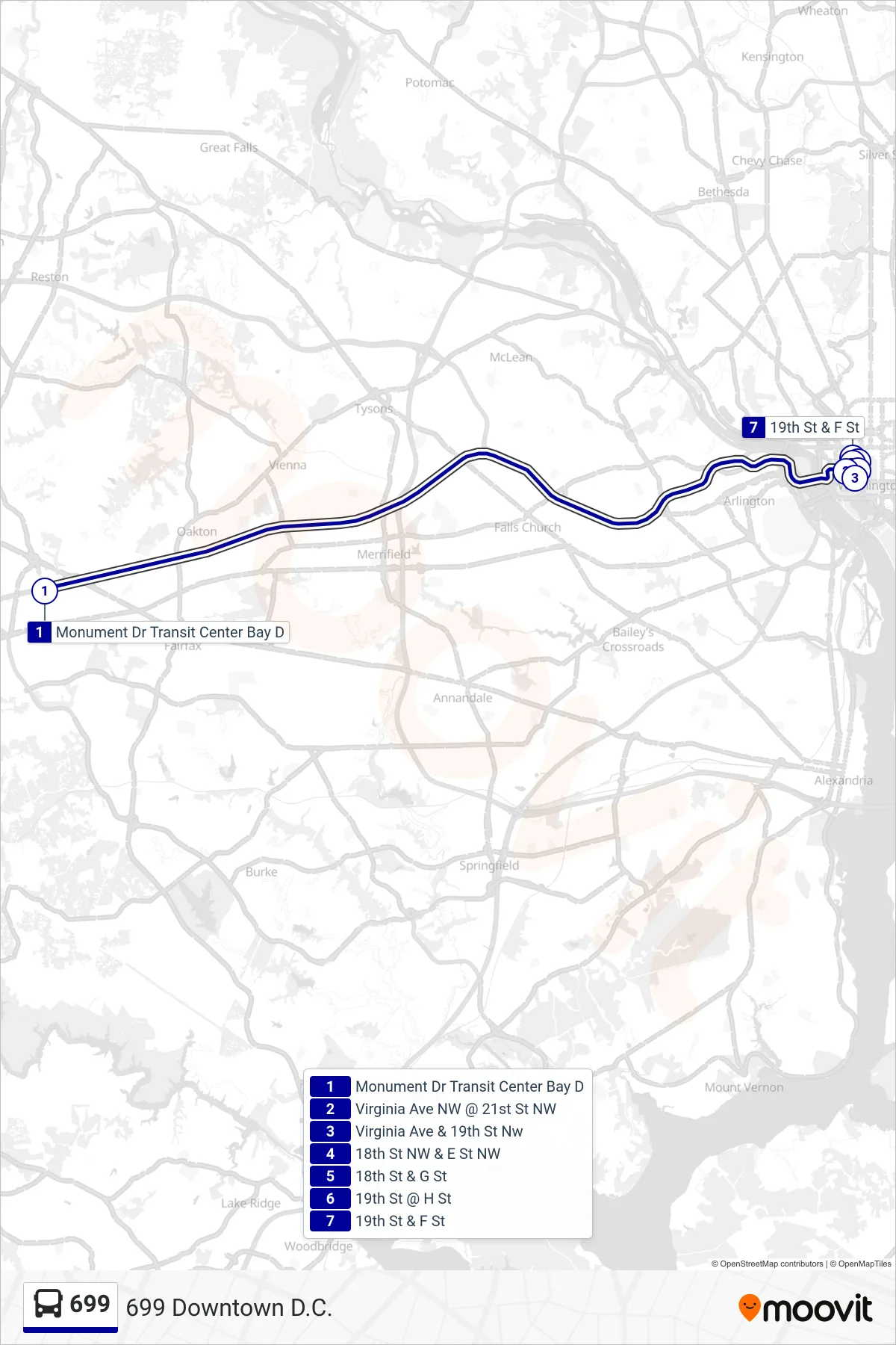 699 bus Line (699 Downtown D.C.) route and stops on a map