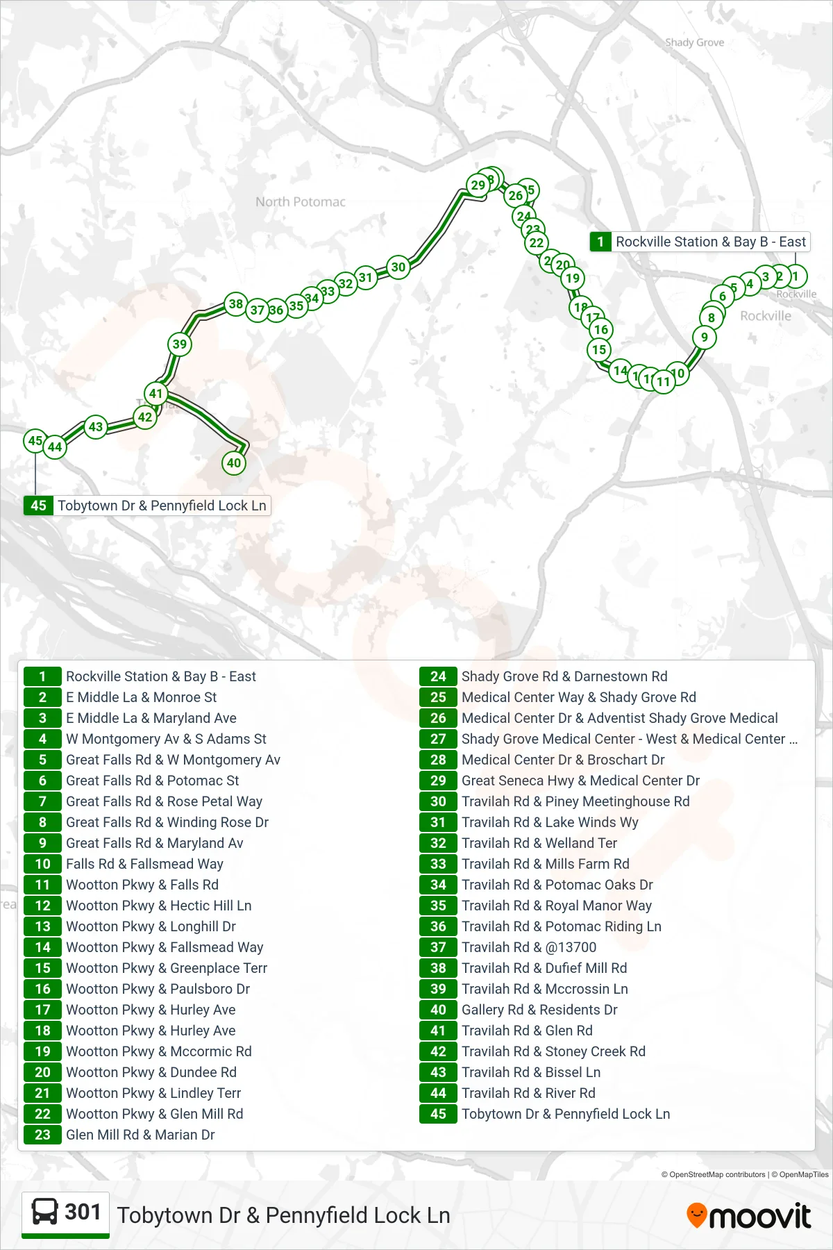 301 bus Line (Tobytown Dr & Pennyfield Lock Ln) route and stops on a map