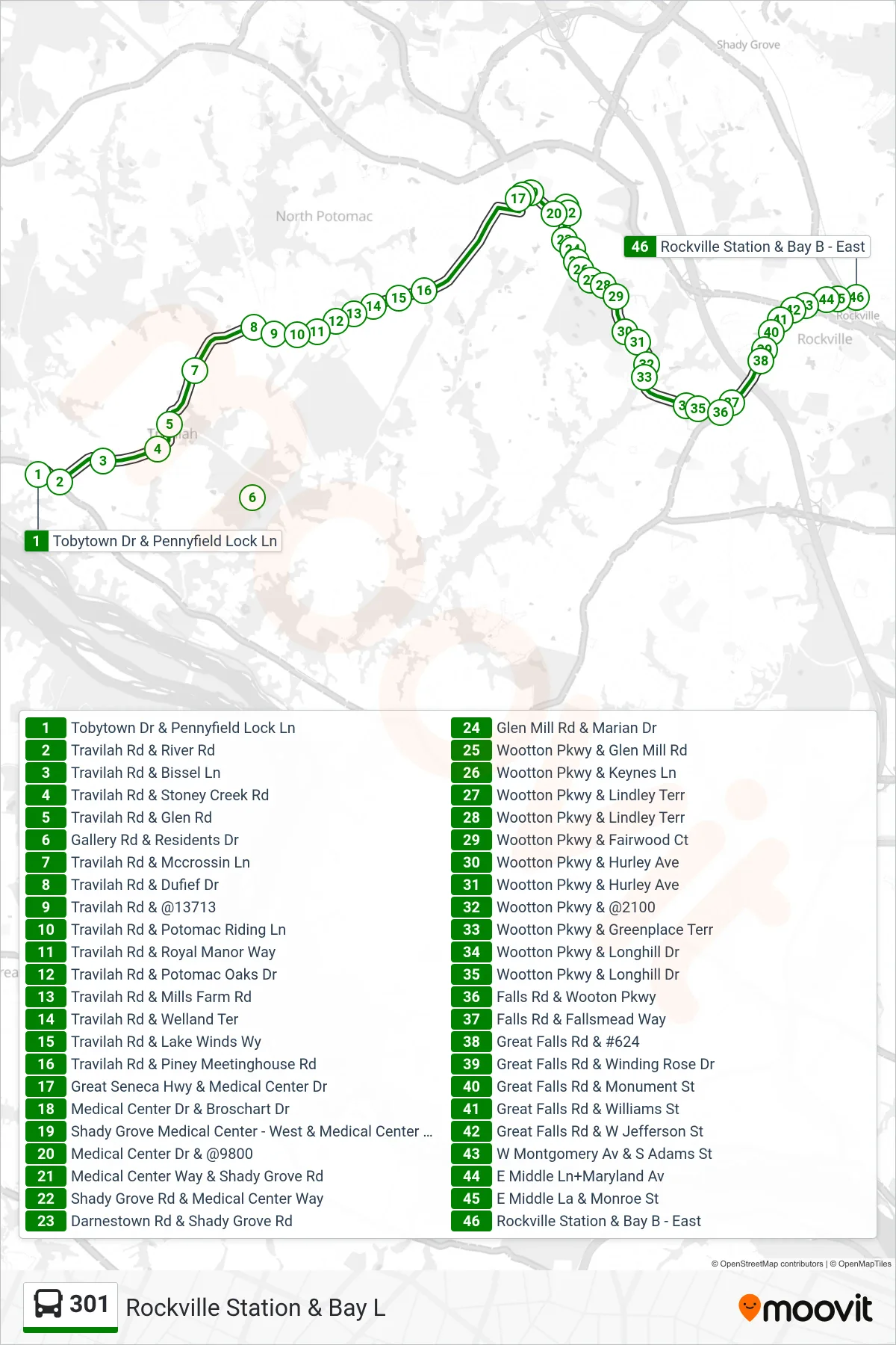 301 bus Line (Rockville Station & Bay L) route and stops on a map
