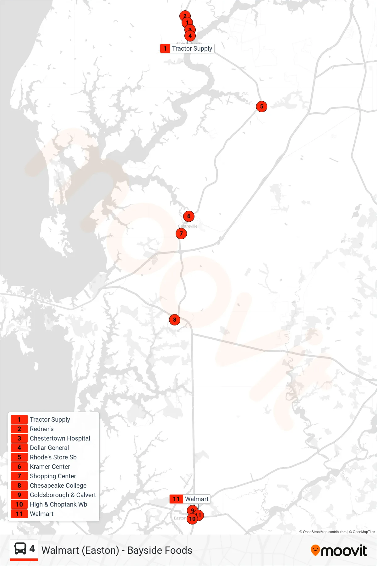 4 bus Line (Walmart (Easton)) route and stops on a map