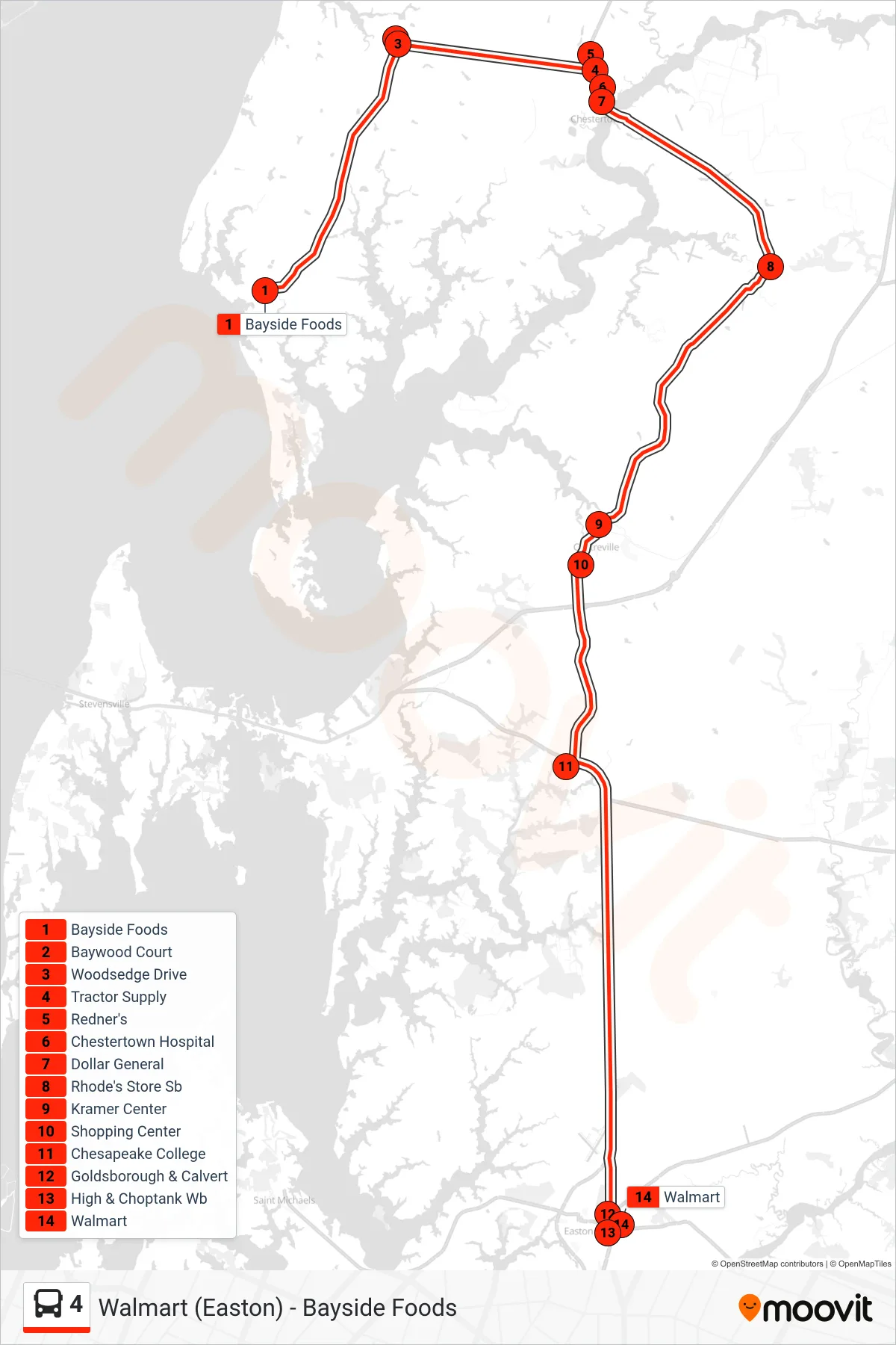 4 bus Line (Walmart) route and stops on a map