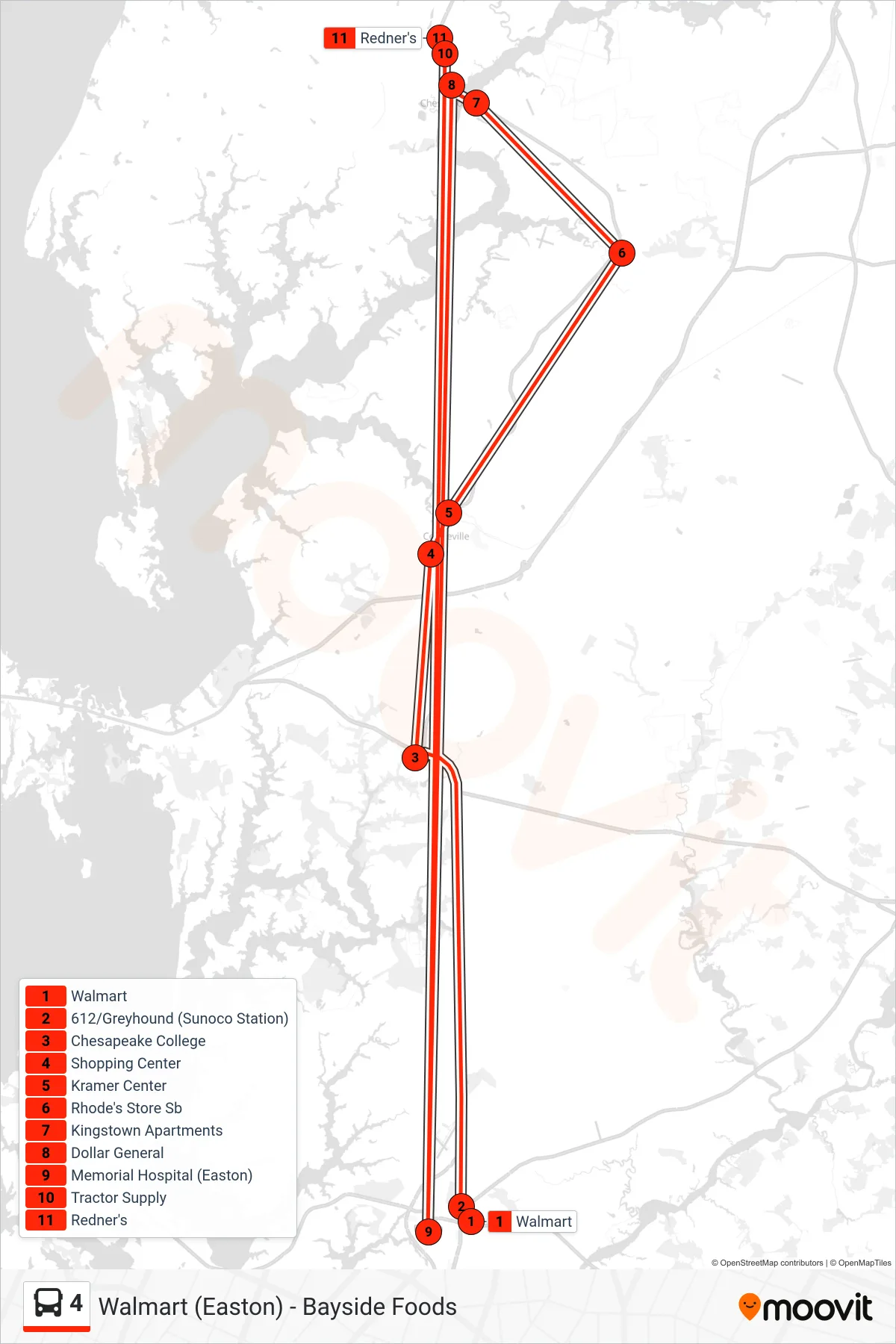 4 bus Line (Redner's) route and stops on a map