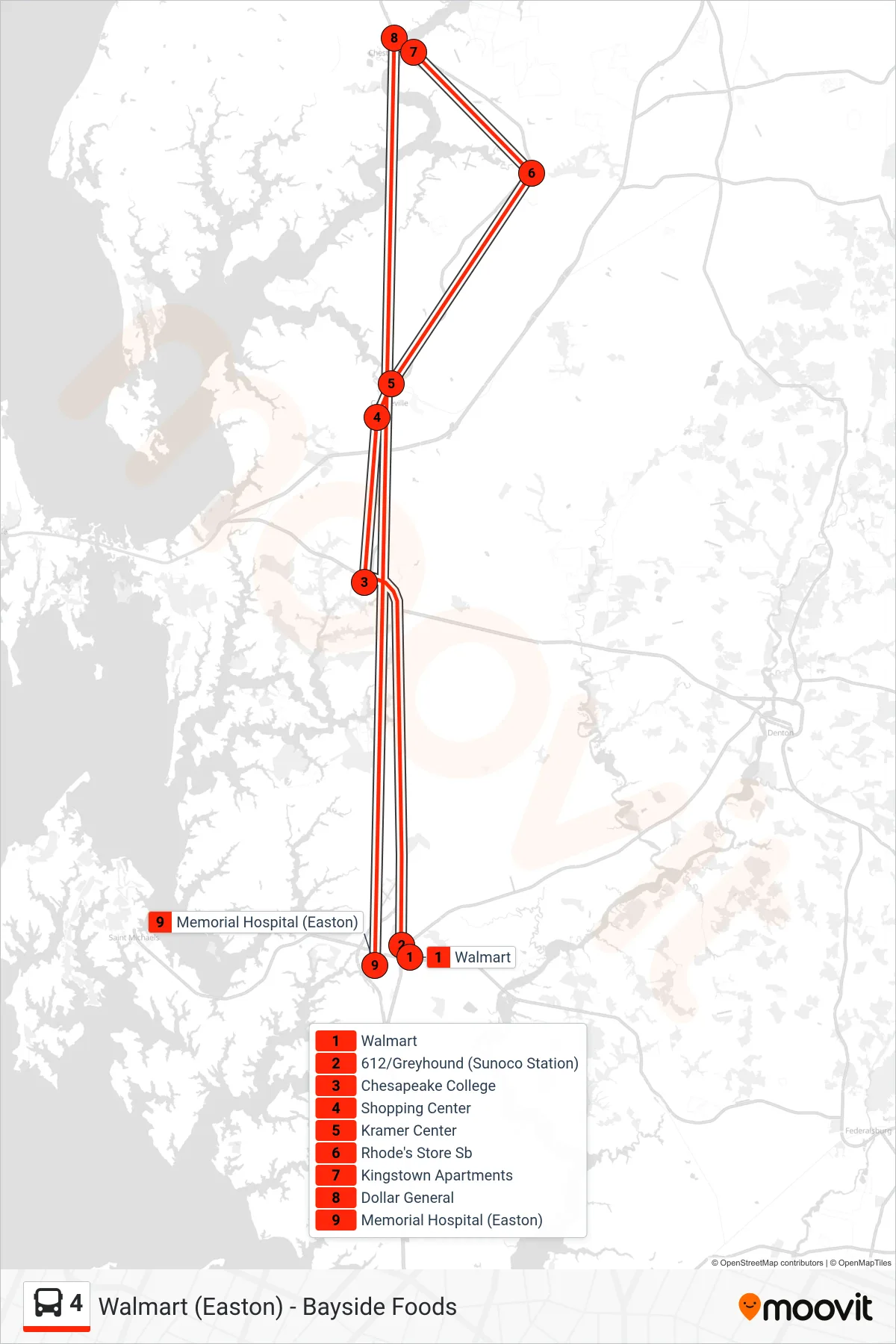 4 bus Line (Memorial Hospital (Easton)) route and stops on a map