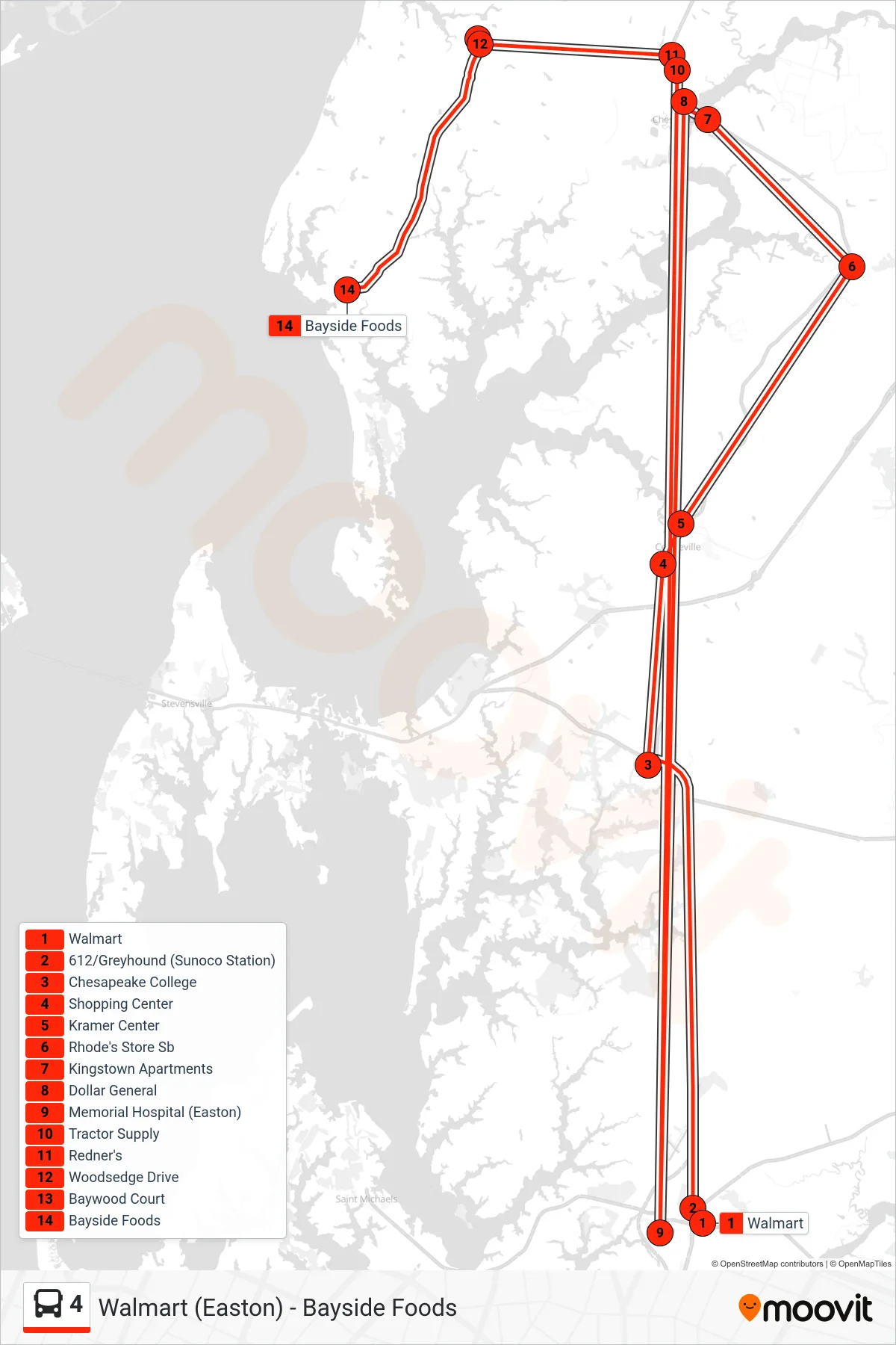 4 bus Line (Bayside Foods) route and stops on a map