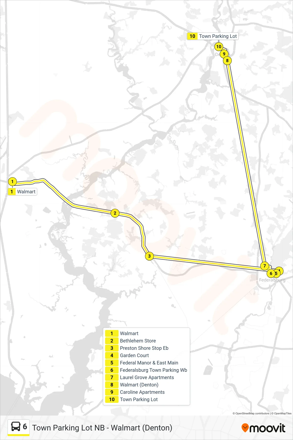 6 bus Line (Town Parking Lot) route and stops on a map