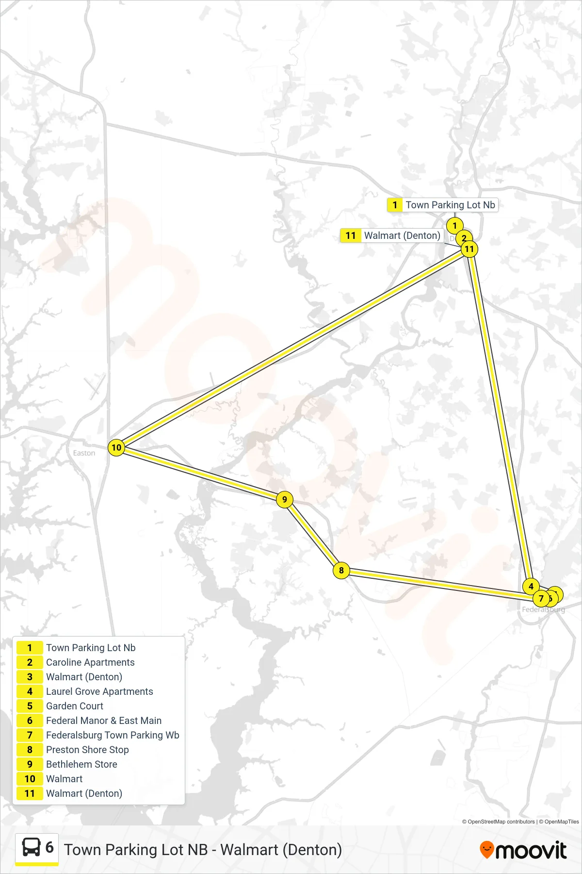 6 bus Line (Walmart (Denton)) route and stops on a map