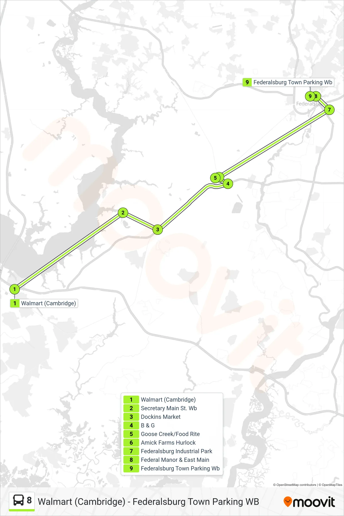 8 bus Line (Federalsburg Town Parking Wb) route and stops on a map