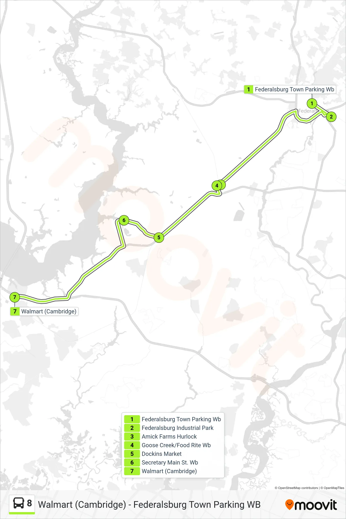 8 bus Line (Walmart (Cambridge)) route and stops on a map