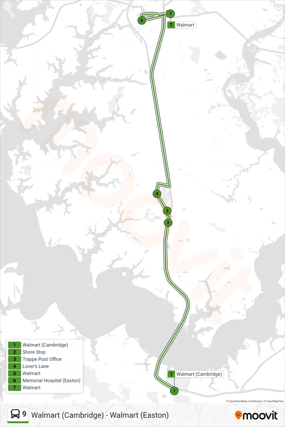 9 bus Line (Walmart (Easton)) route and stops on a map