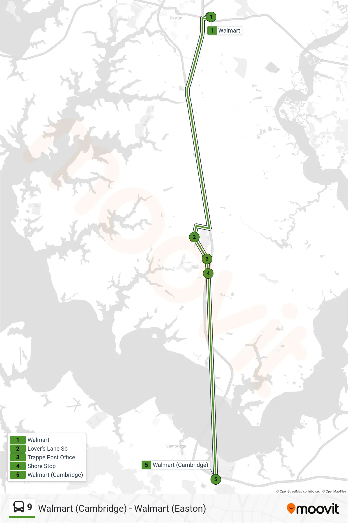 9 bus Line (Walmart (Cambridge)) route and stops on a map