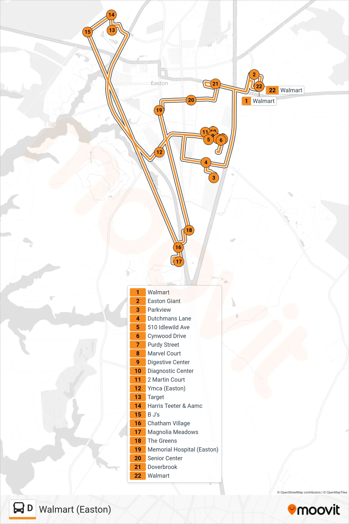 D bus Line (Walmart (Easton)) route and stops on a map