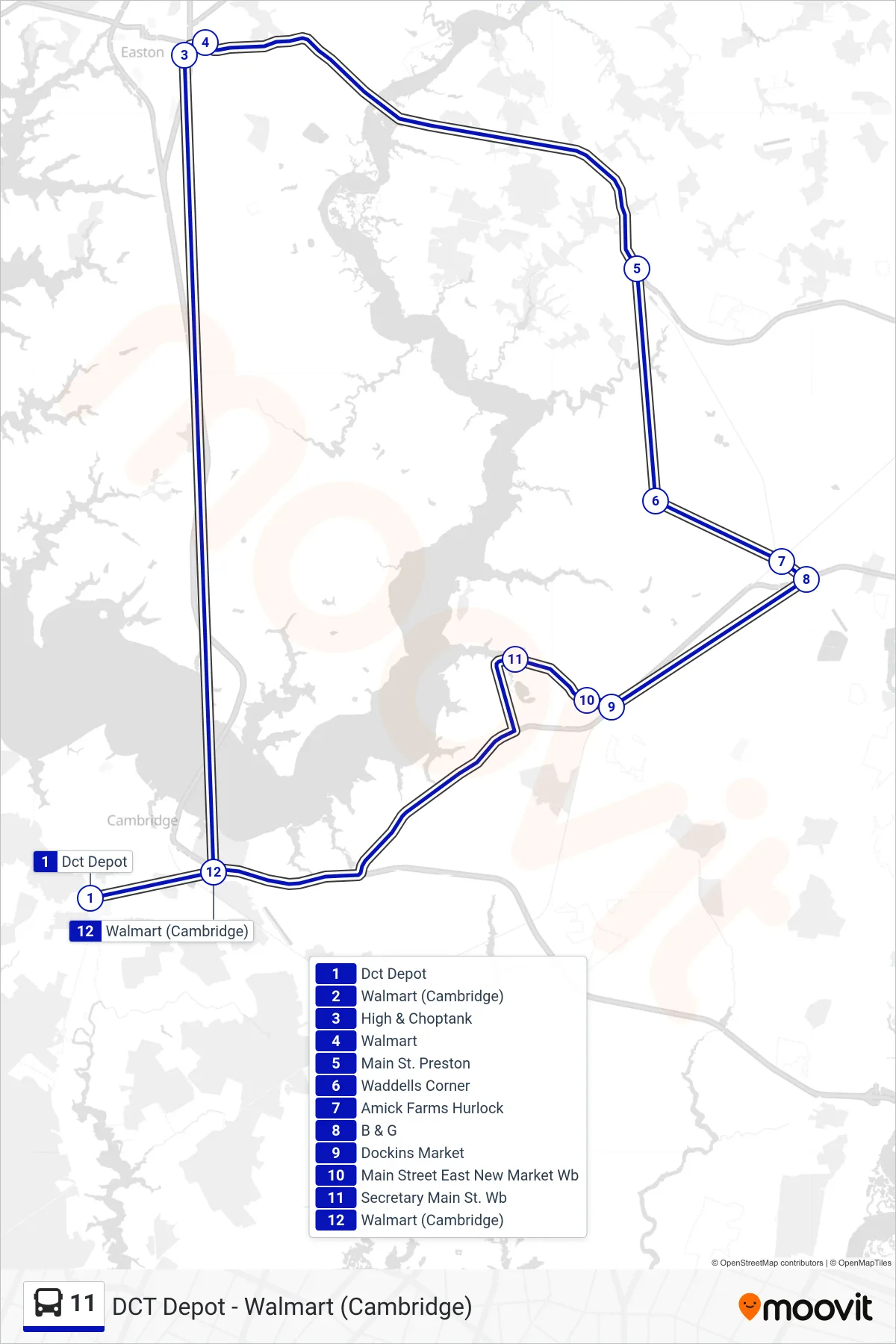 11 bus Line (Walmart (Cambridge)) route and stops on a map